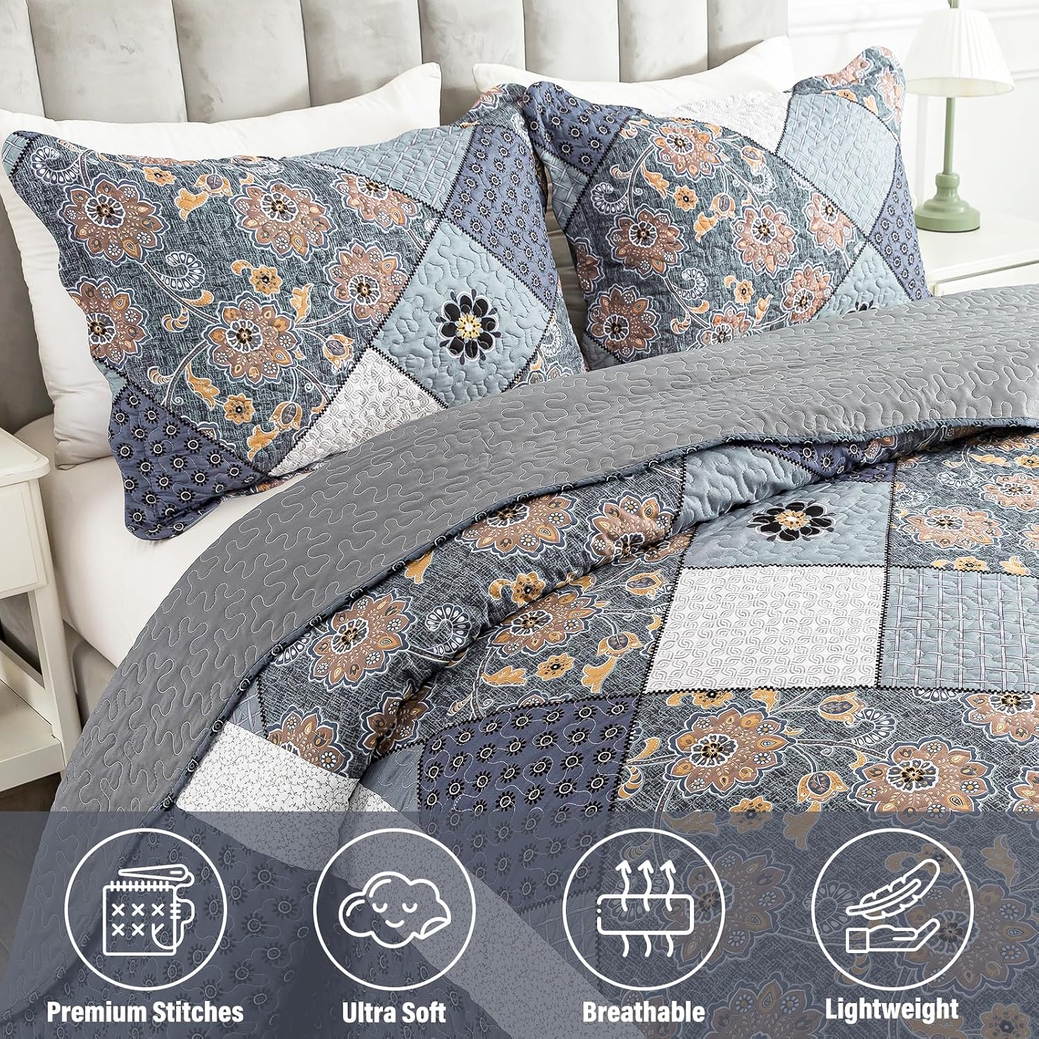 Striped Classical Cotton 3-Piece Patchwork Bedspread Quilt Sets, King Size