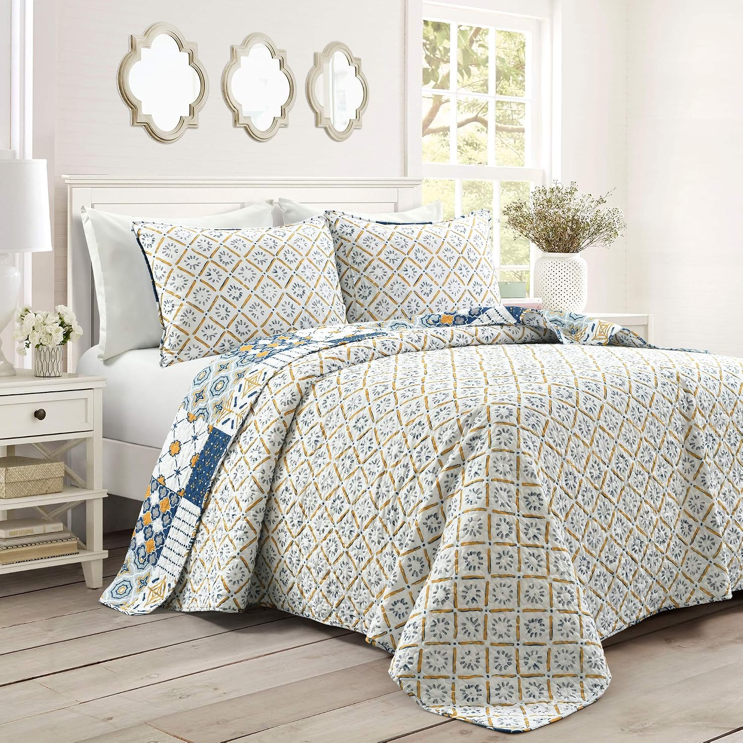 Lush Decor Monique 3 Piece Reversible Print Pattern Blue Quilt Set - Full Queen