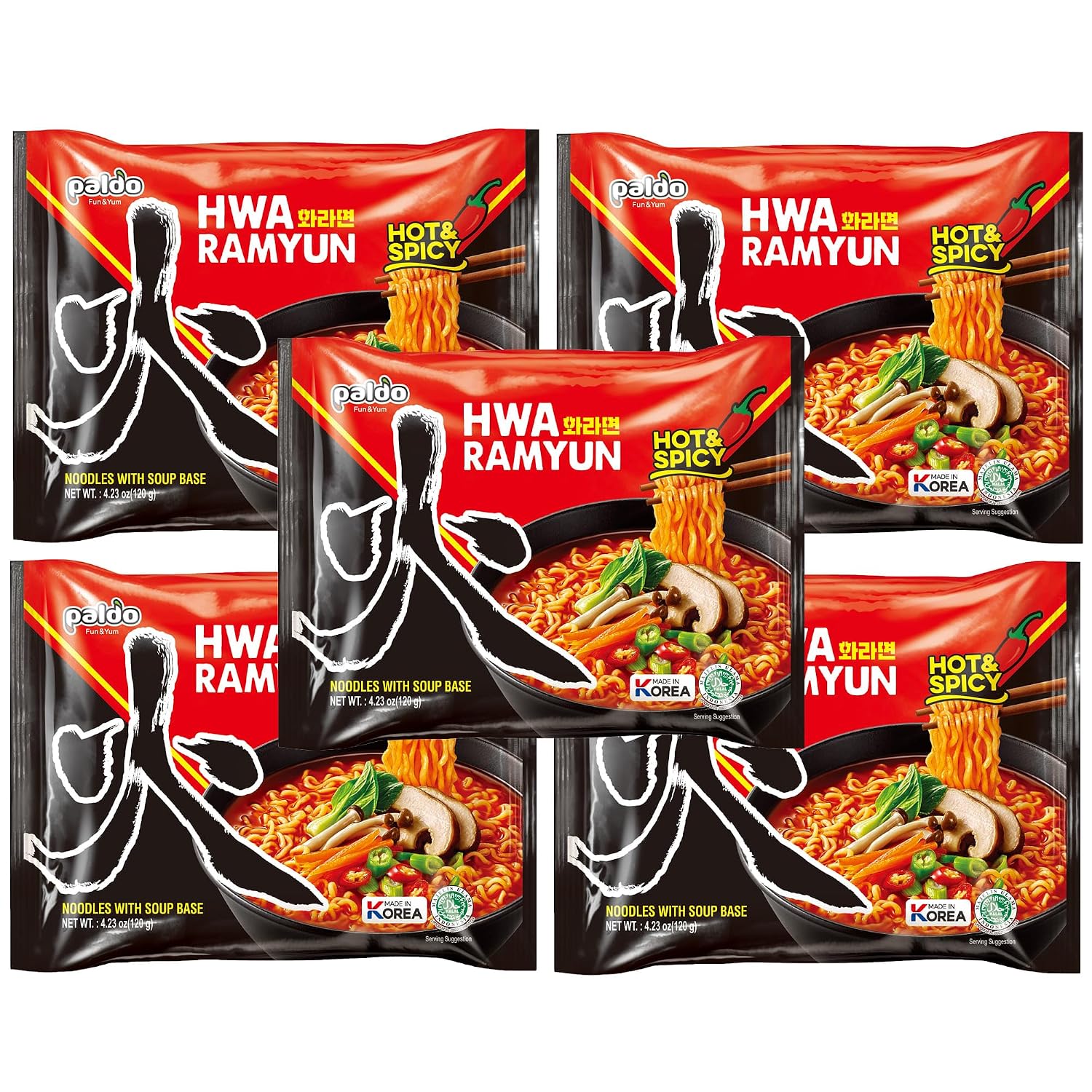 Paldo Fun & Yum Hwa Ramyun, Authentic Korean Imported, Spicy Soup Ramen, Quick & Easy to Cook Instant Noodles, Family Size 4/5-Pack