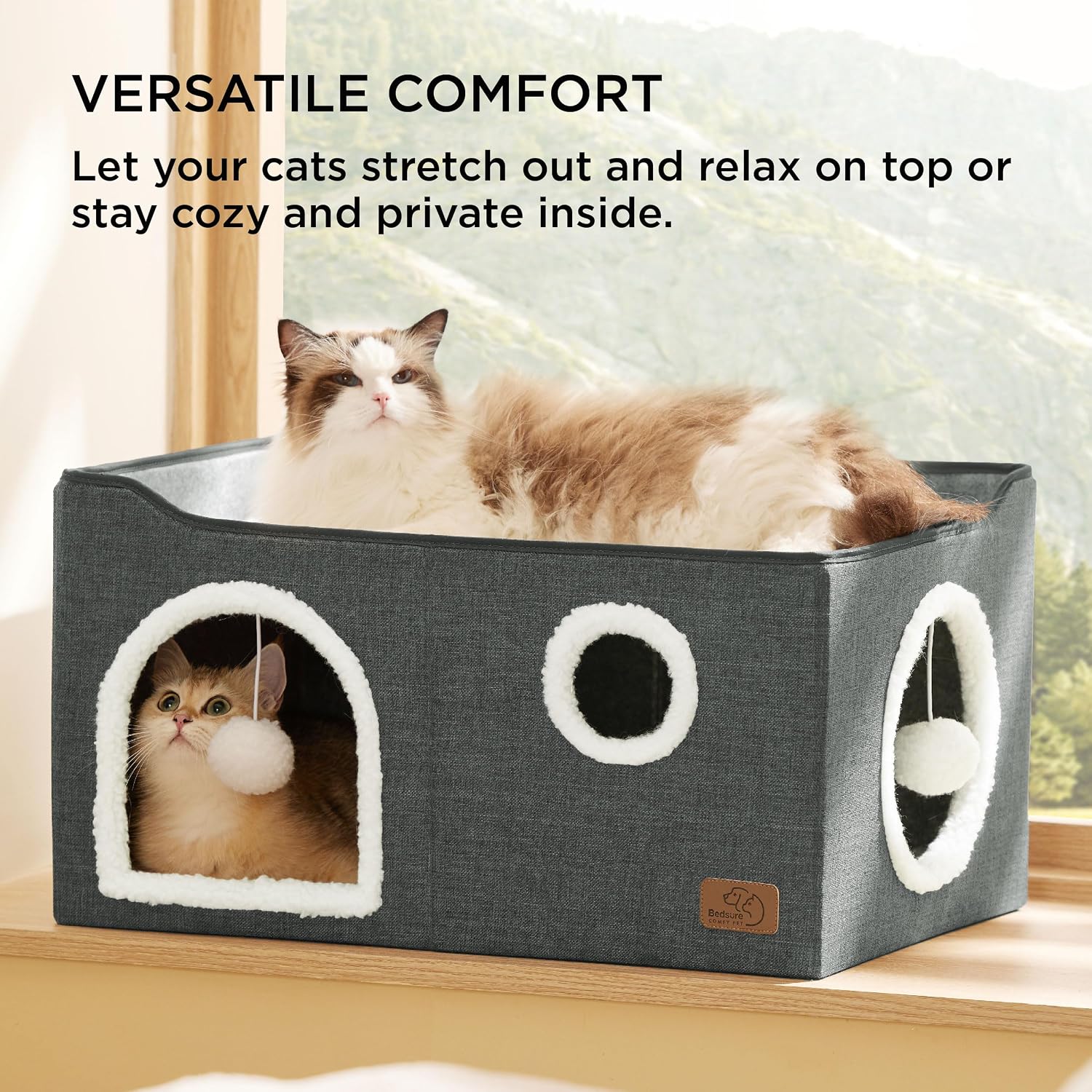 Bedsure Cat House Bed for Indoor Cats with Fluffy Ball and Scratch Pad,Grey