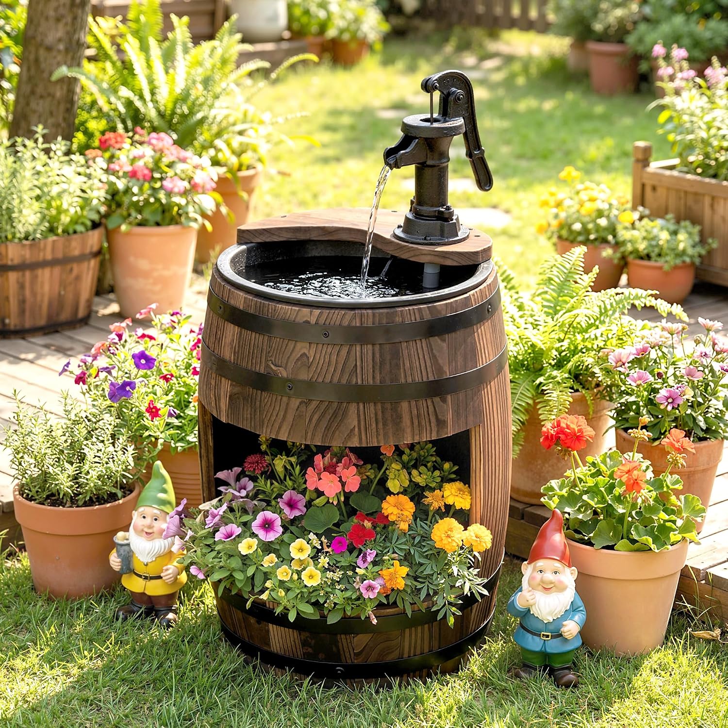 Outsunny 23" H Outdoor Water Fountain Wood and Plastic Rustic Apple Barrel | Pump, Garden Decor, Outside Backyard