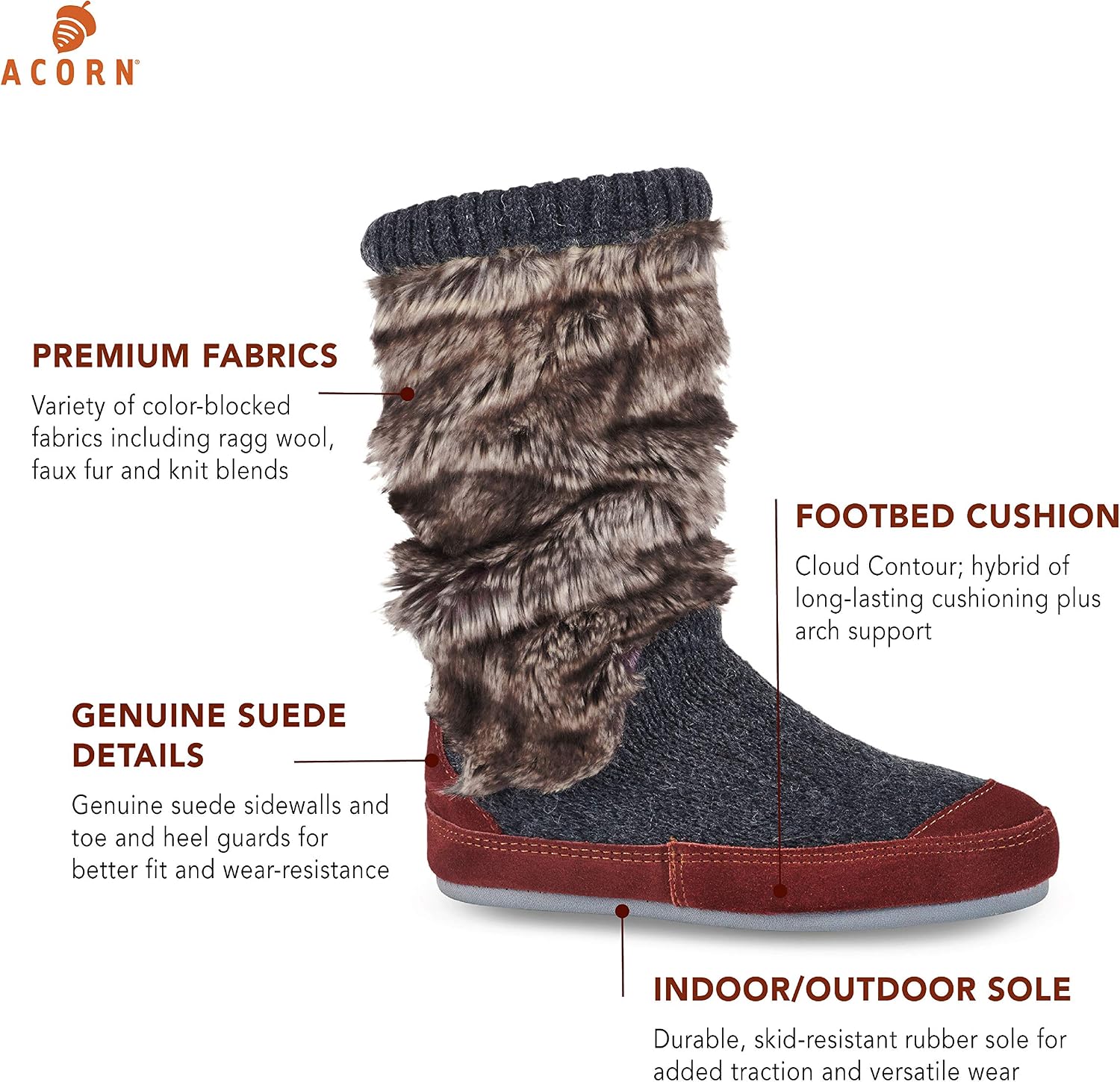 Acorn Slouch Boots Slippers for Women - Comfy, Memory Foam, Non-Slip, Durable, Mid-Calf House Slipper with Indoor/Outdoor Sole