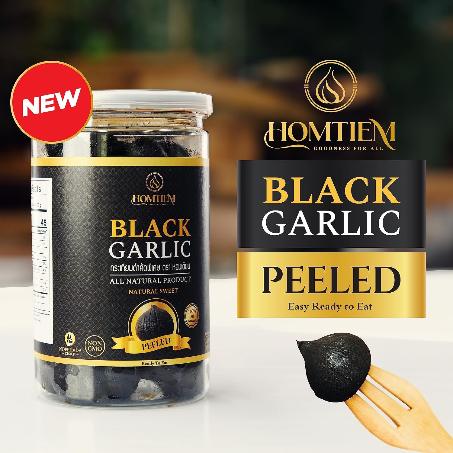 Homtiem Black Garlic Puree 150g. (Made from Solo Black Garlic 100%), Whole Black Garlic Fermented for 90 Days, Non-GMOs, High in Antioxidants