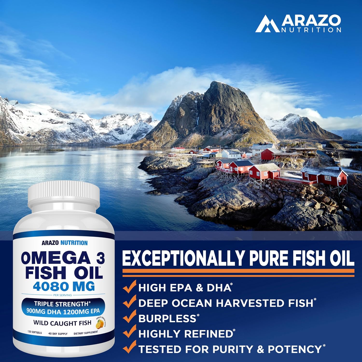 Arazo Nutrition Wild Caught Omega-3 Fish Oil Concentrate – 4,080mg per Serving – High EPA 1200mg & DHA 900mg – 120 Burpless Lemon Softgels
