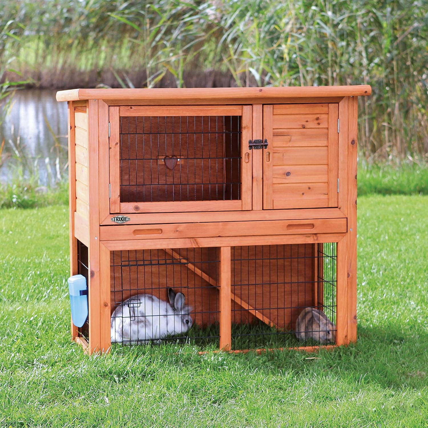 TRIXIE natura Outdoor Rabbit Hutch with Run - 2-Story Rabbit Cage with Non-Slip Ramp - Medium Elevated Small Animal House with Secure Playpen, Hinged Roof & Pull-Out Tray - in Brown