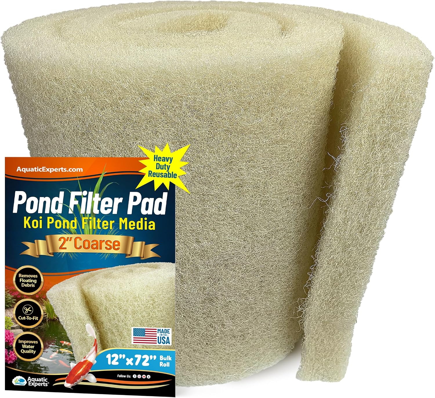 Aquatic Experts Cream COARSE Pond Filter Pad - 2 inch Thick - Bulk Roll Water Garden Filter Pond Media - Made in USA, (12" x 36")
