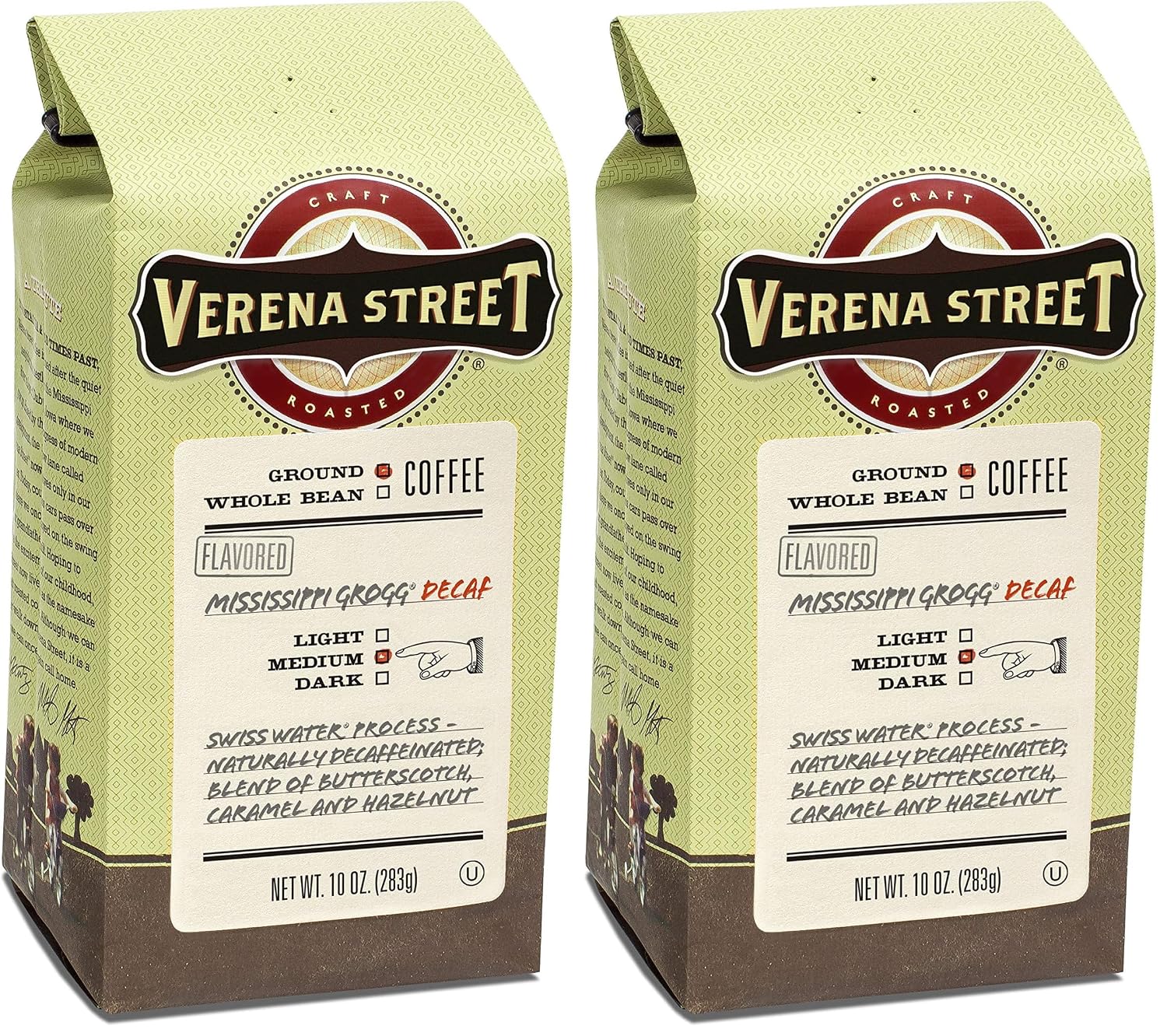 Verena Street 12 Ounce Flavored Ground Coffee, Mississippi Grogg, Medium Roast, Rainforest Alliance Certified Arabica Coffee