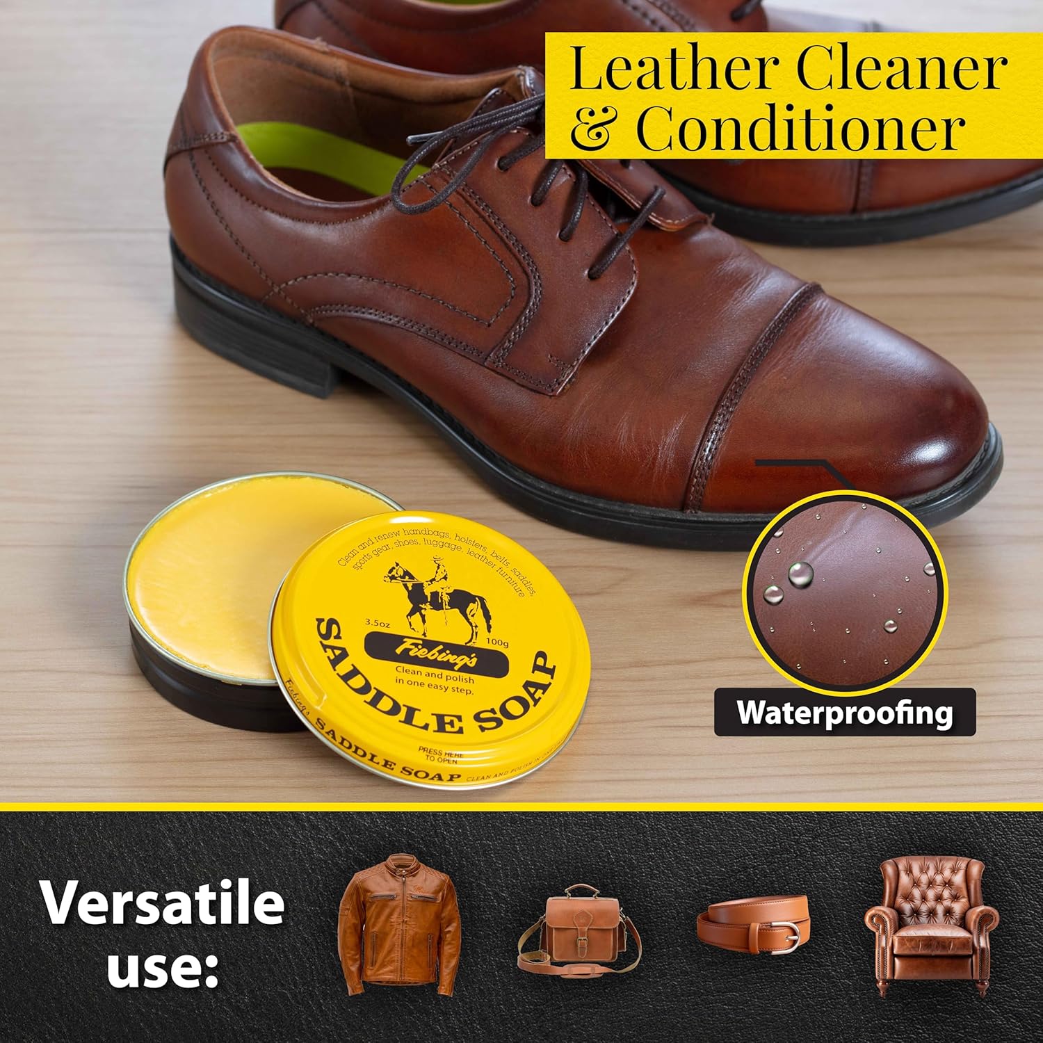 Fiebing's Yellow Saddle Soap for Leather (3.5 oz Tin) - Leather Cleaner & Conditioner to Soften