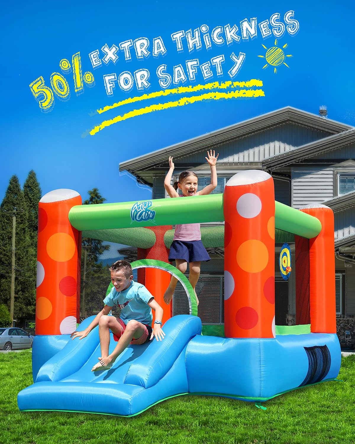 ACTION AIR Bounce House, Inflatable Bounce House with Air Blower, Bouncy Castle with Durable Sewn and Extra Thick, Family Backyard Jump House