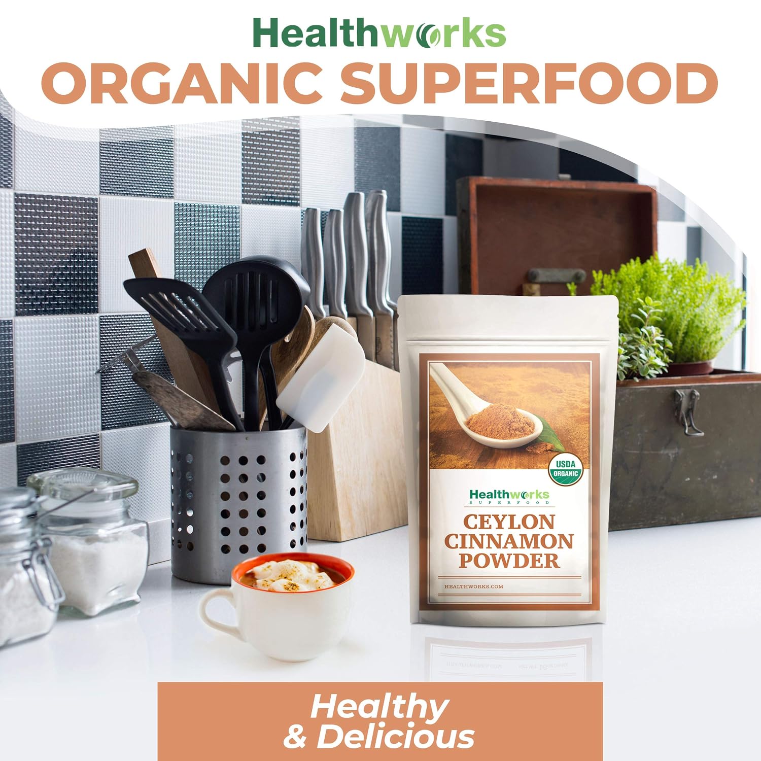 Healthworks Superfoods Organic Ceylon Cinnamon Powder 1 lb Ground Raw Vegan | Organic, Ceylon, Ground, Blood Sugar Support, Non-GMO, Vegan, Keto, For Baking, For Cooking, For Tea, Anti-Inflammatory