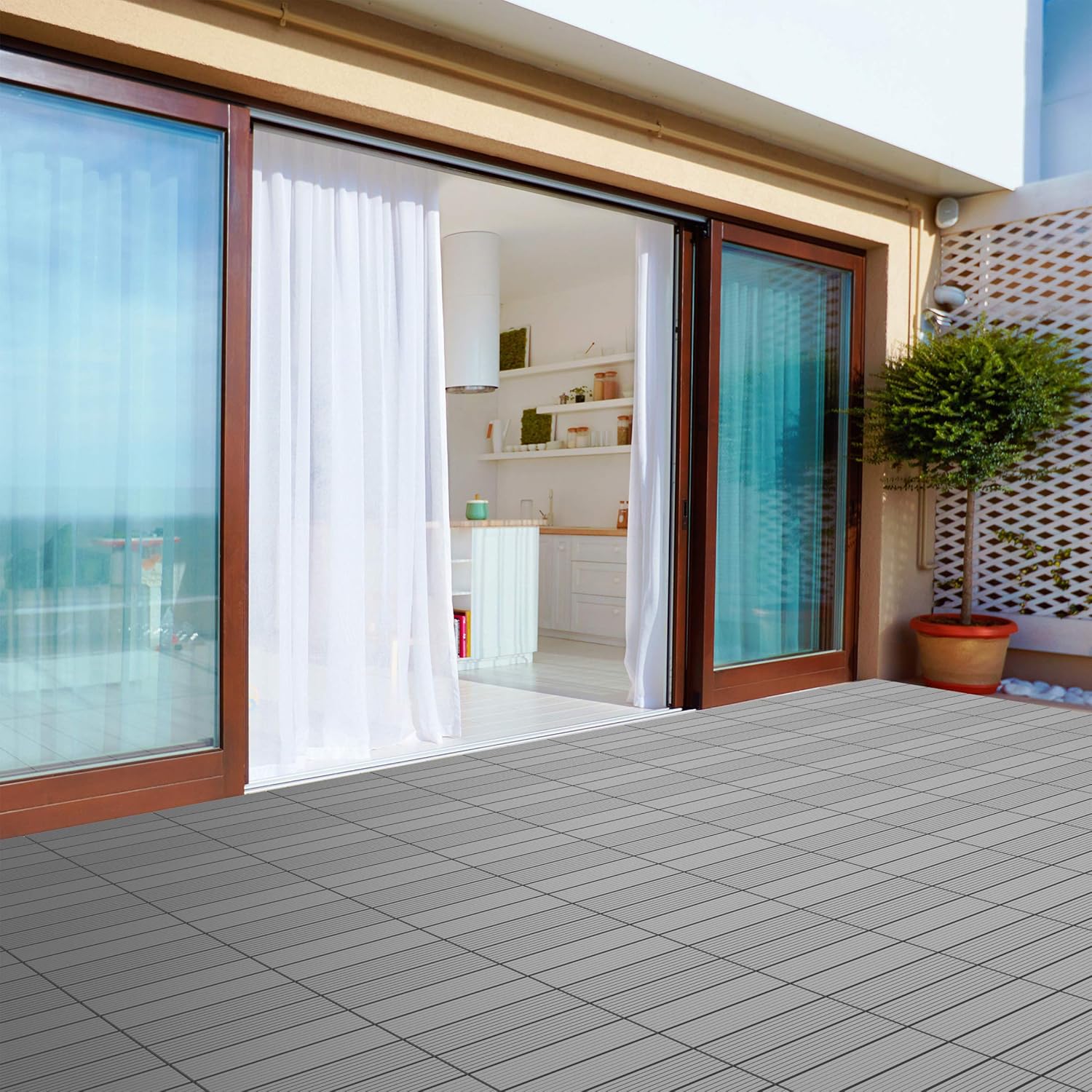 Interlocking Deck Tiles - 6-Pack Wood Plastic Composite Patio Tiles - Outdoor Flooring for Balcony, Porch, and Garage by Pure Garden (Dark Gray)