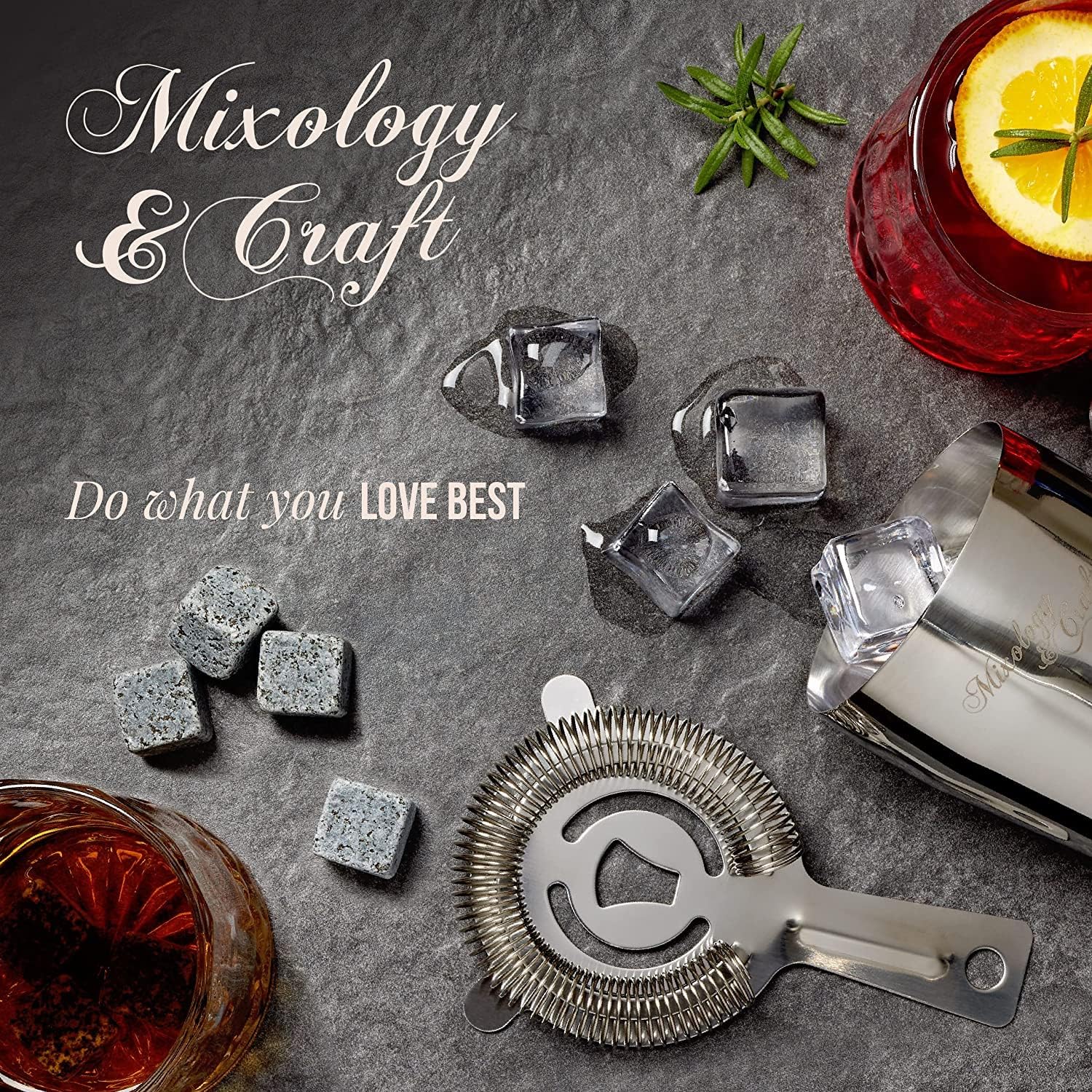Mixology & Craft Whiskey Stones - Cube-Shaped Granite Chilling Whiskey Rocks Set of 6