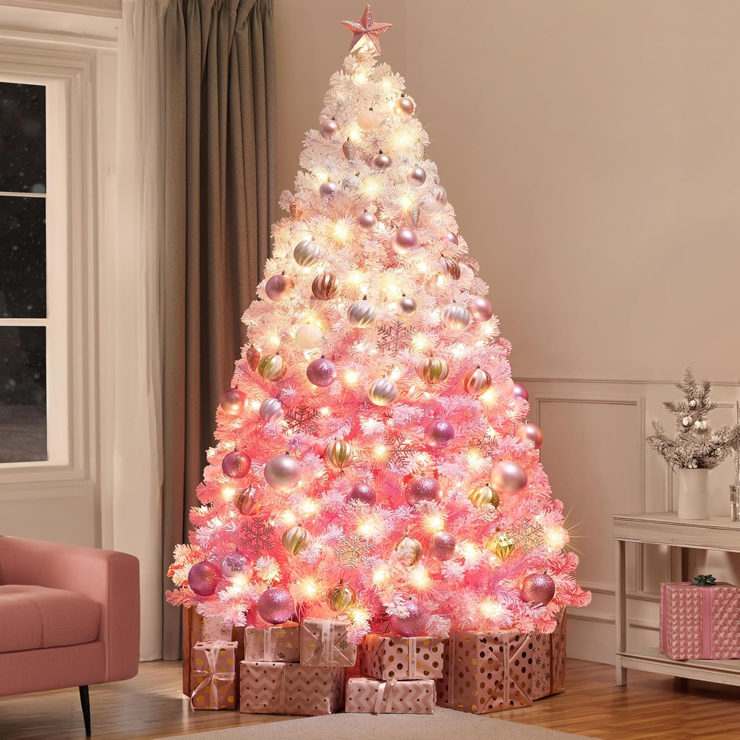 Yaheetech 7.5ft Pre-Lit Snow Flocked Artificial Christmas Tree, 550 Lights