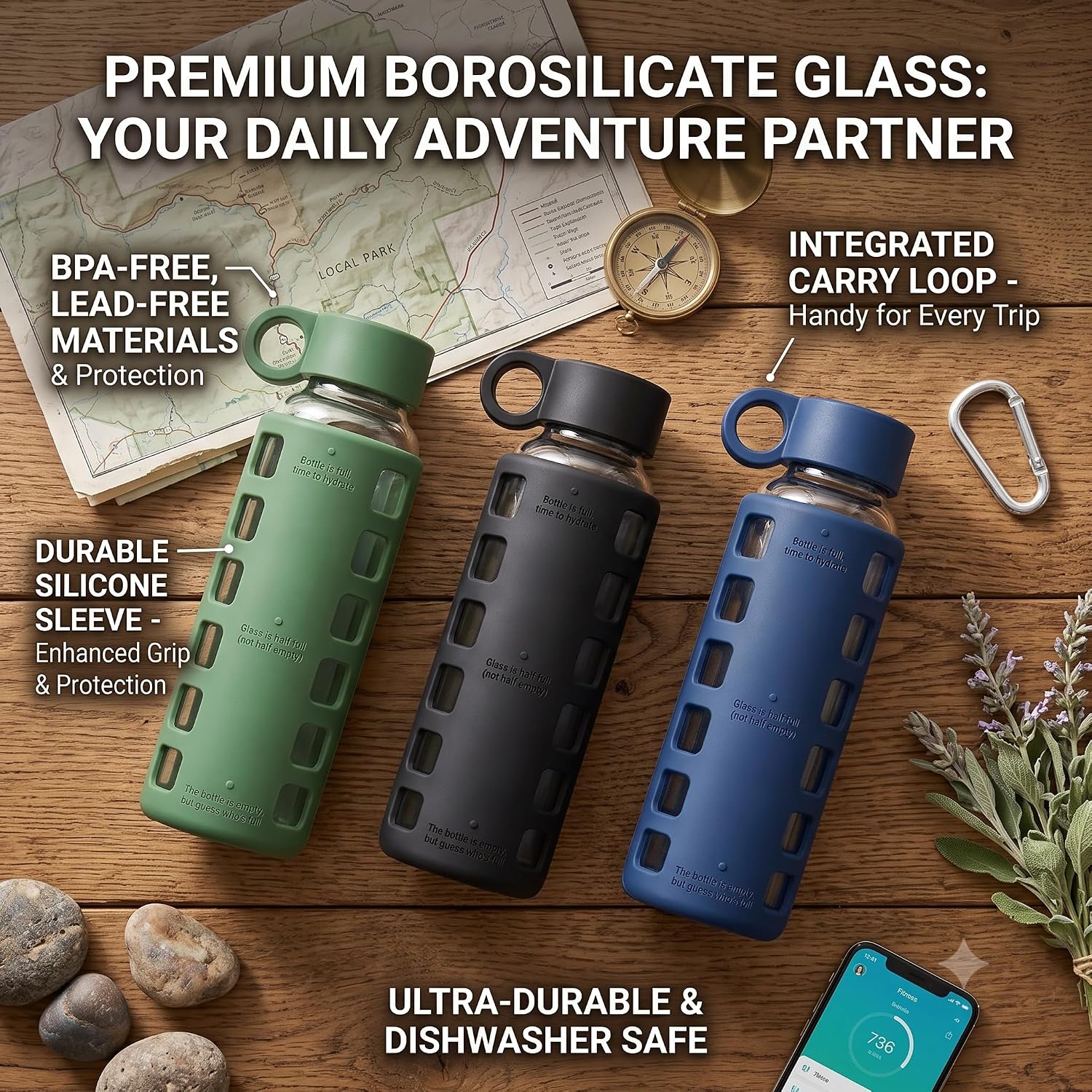 purifyou 40oz / 32oz / 22oz / 12oz Borosilicate Glass Water Bottle with Time & Volume Markers, Silicone Sleeve