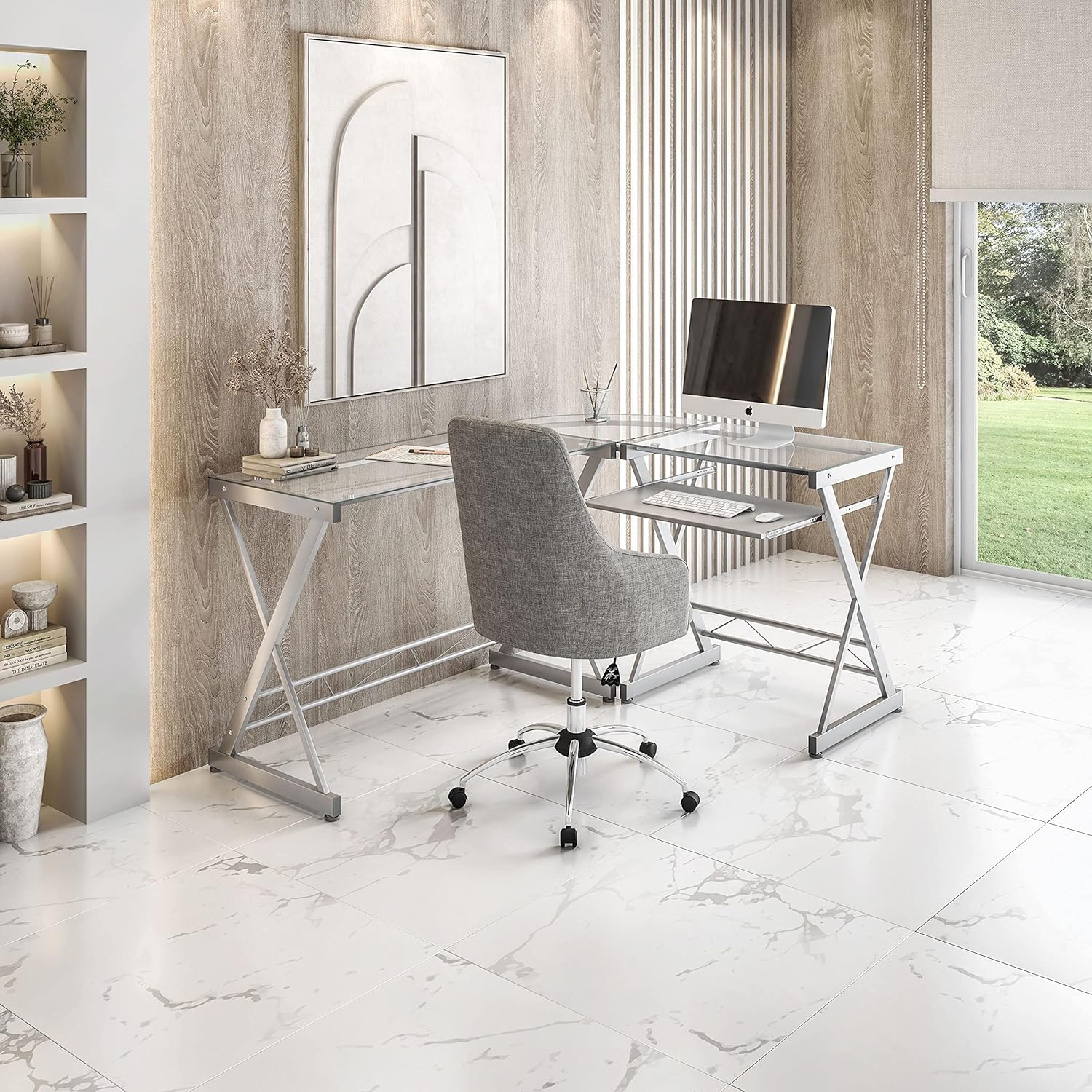 Techni Mobili L Shaped Desk with Keyboard Tray & Tempered Glass Desktop | Home Office, Corner Desk, Work From Home, Professional