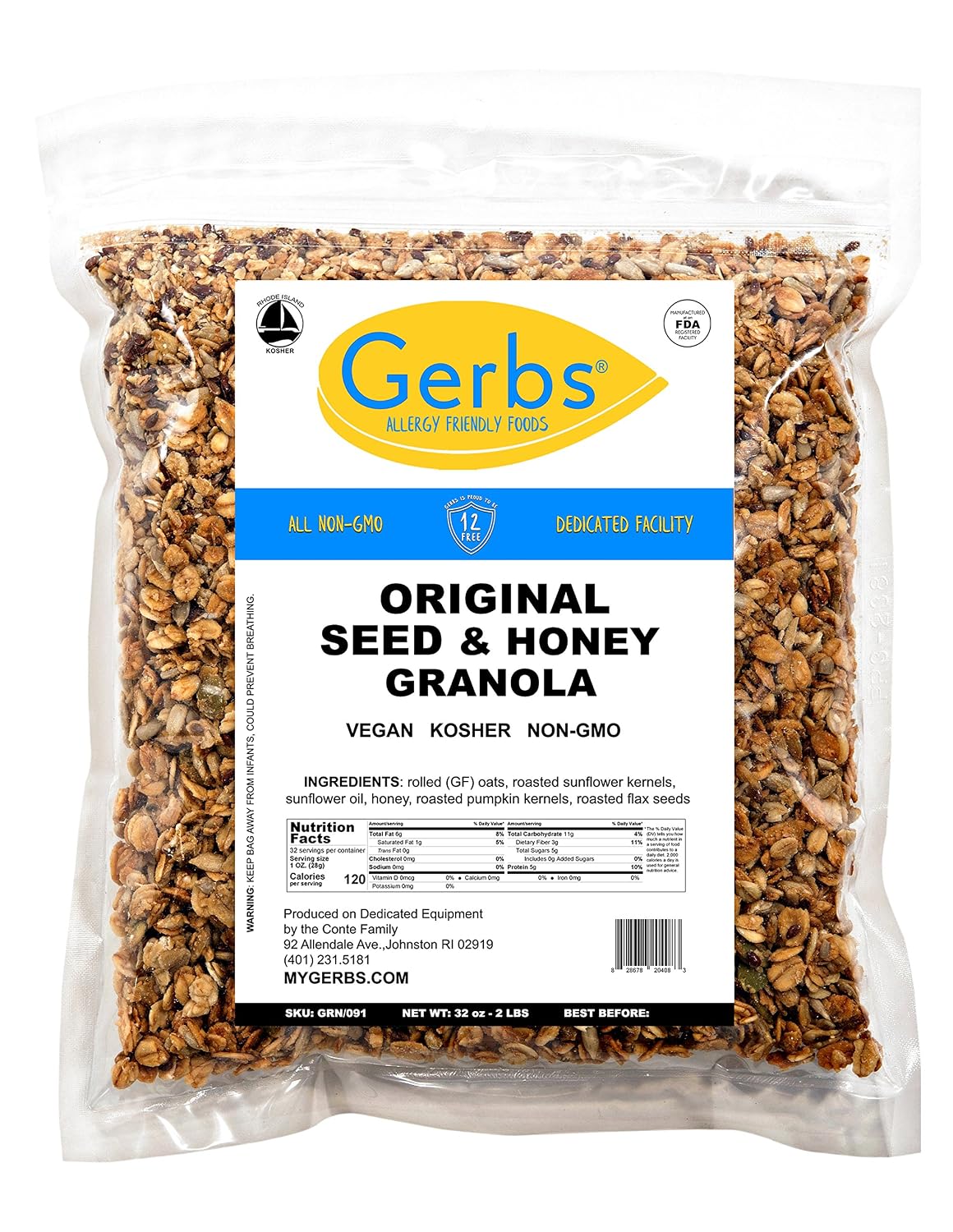 Gerbs Super 5 Seed Granola 2 lbs. | Small Batch, No Additives | Crunchy 5-Seed Blend: Pumpkin, Sunflower, Chia, Hemp & Flax | Top 14 Allergen-Free