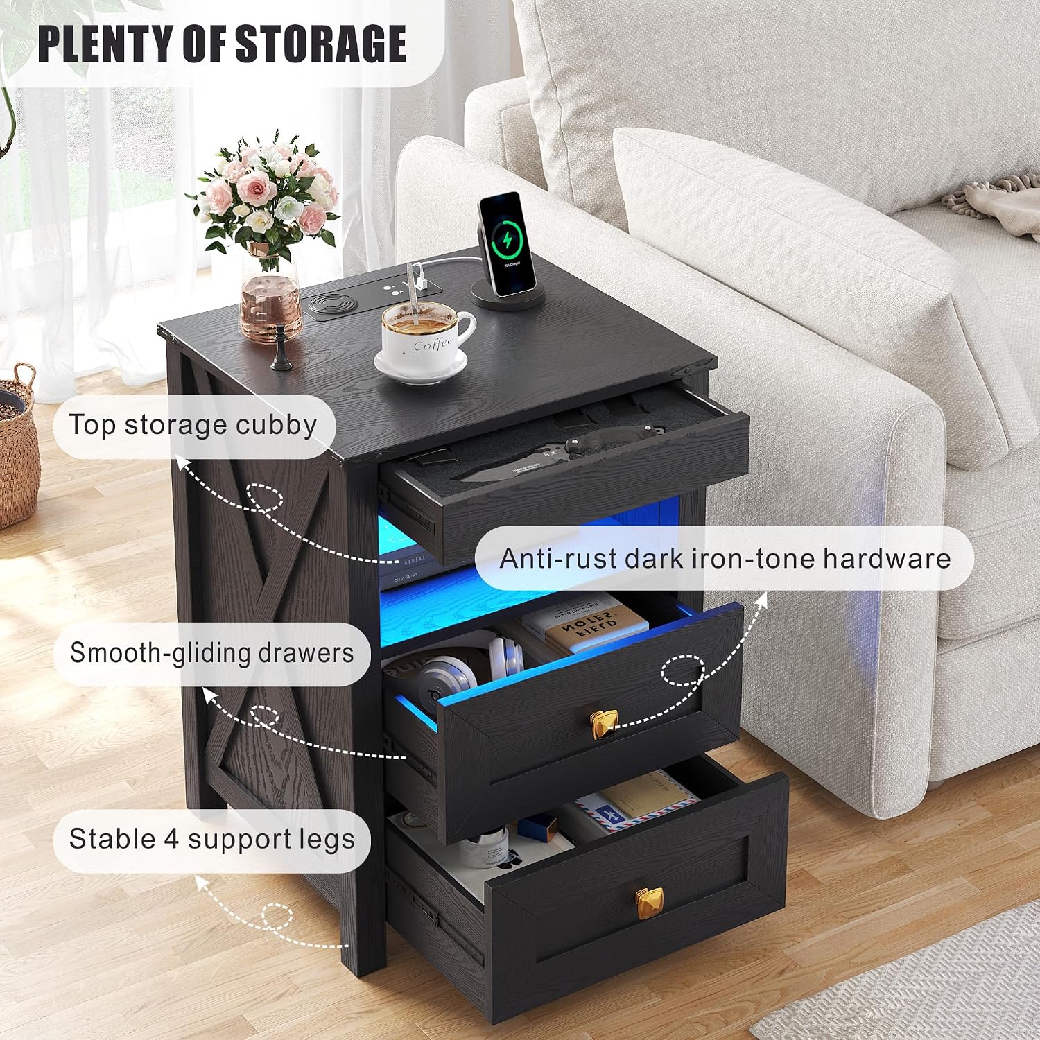 Farmhouse LED Nightstand with Gun Drawer&Invisible Lock,Modern Bedside Table with Human Sensor Design,Rustic Side Table with Wireless Charging for Living Room, Dark Oak