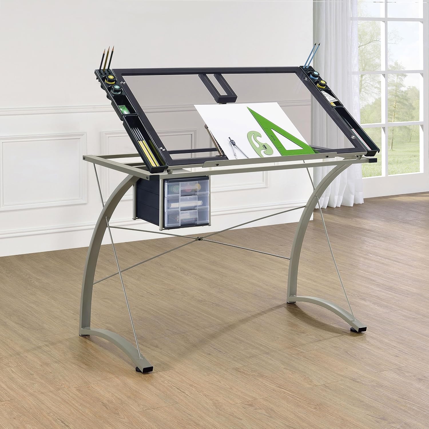 Coaster Home Furnishings - Melo - Metal and Glass - 41-Inch Drafting Table with Adjustable Pitch, Three Drawers