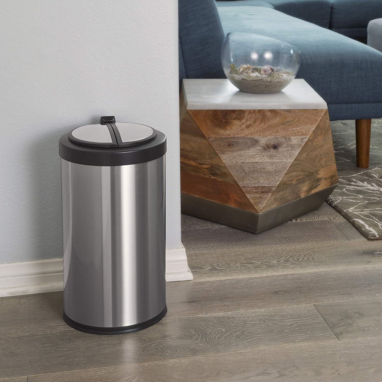 NINESTARS CB-DZT-50-98-1C Automatic Touchless Motion Sensor Oval & Rectangular Trash Can Combo Set, 13.2 Gal. 50 L. & 2.1 Gal.8 L., Stainless Steel
