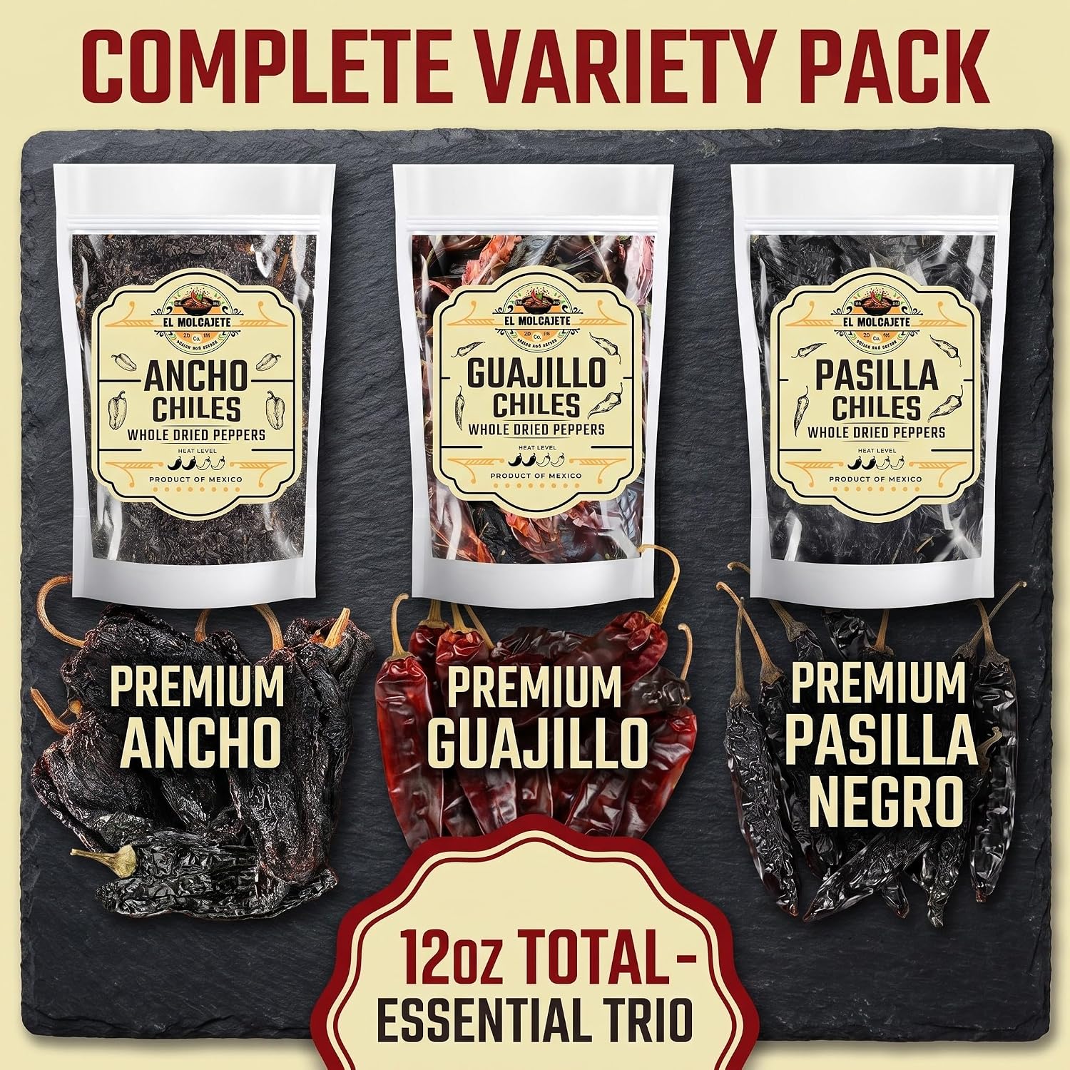 Dried Chile Peppers Variety 3x4oz Ancho Guajillo Pasilla Mexican Chili | Ancho: sweet smoky. Guajillo: fruity. Pasilla: earthy tangy. Whole pods for