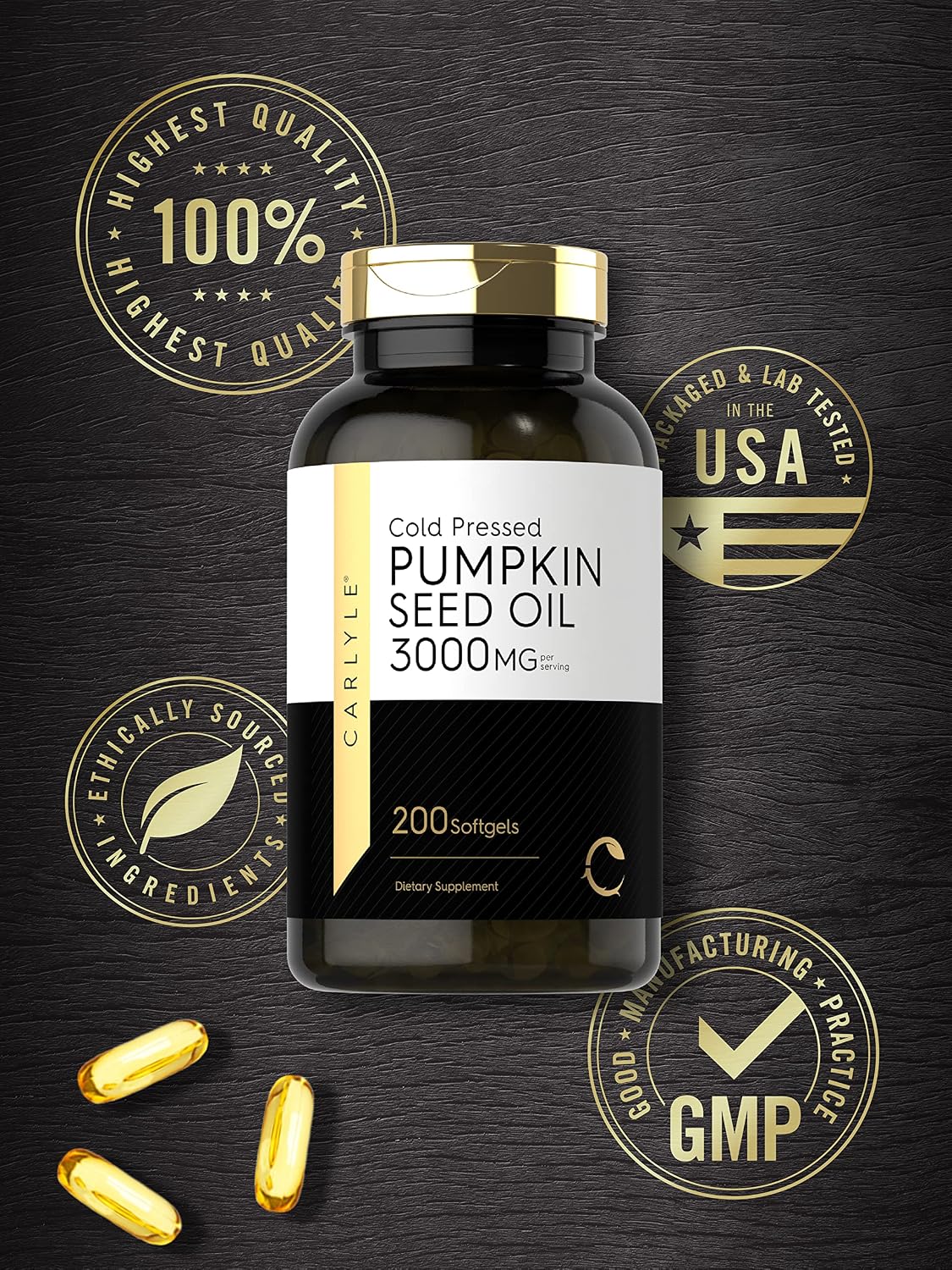 Carlyle Pumpkin Seed Oil Capsules | 3000mg | 200 Softgels | Essential Fatty Acids | Cold Pressed Dietary Supplement | Non-GMO and Gluten Free Formula