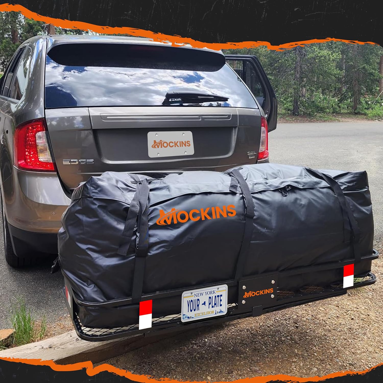 Mockins 500 lb. Capacity Folding Luggage Rack for SUV Car Truck ATV & More | Steel Trailer Hitch Cargo Carrier 60"x20"x6" w/ 16 Cu Ft Waterproof