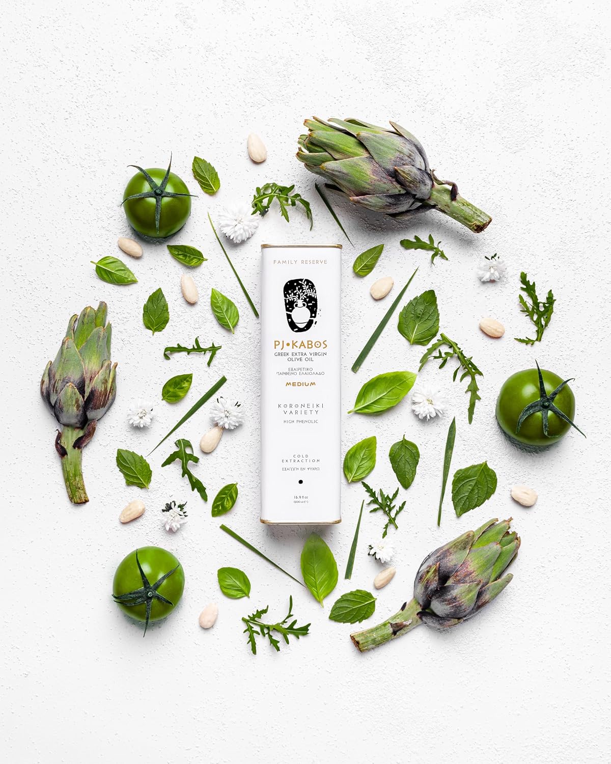 P.J. KABOS Fresh 2025/26 Harvest, High Phenolic (400+mg/kg), Natural Greek Extra Virgin Olive Oil, Kosher, Greece, Cold Extracted, 16.9 oz Tin, Koroneiki, "Family Reserve -Medium"