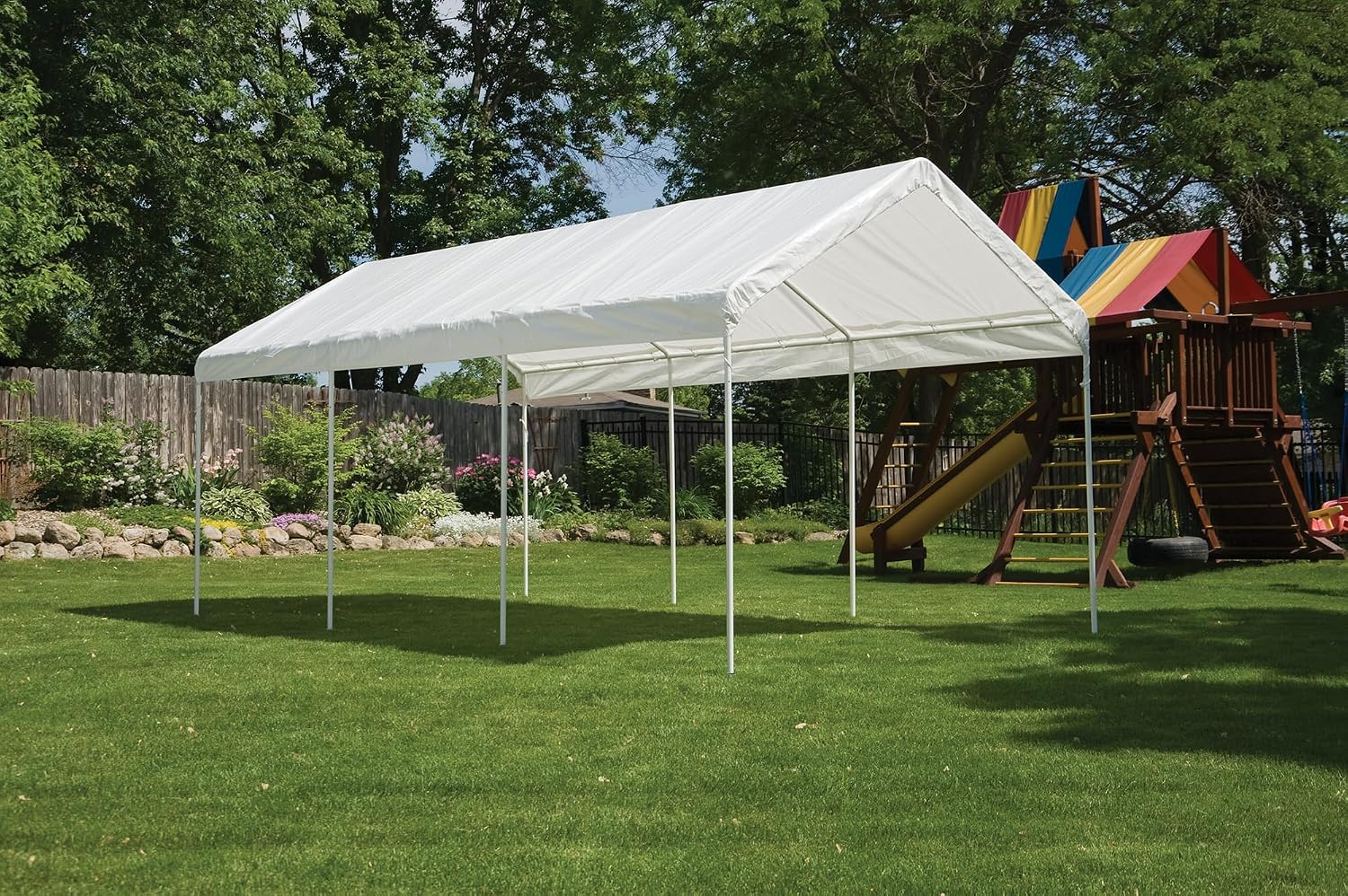 ShelterLogic 10' x 10' MaxAP Canopy Series Compact Outdoor Easy to Assemble Steel Metal Frame Canopy with 50+ UPF Sun Protection and Waterproof Cover, White, 23521