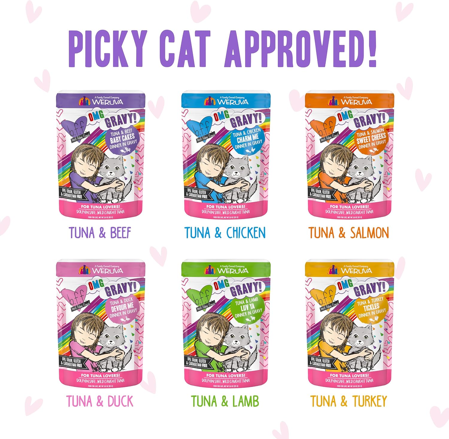 Weruva B.F.F. OMG - Best Feline Friend Oh My Gravy!, Tuna & Salmon Sweet Cheeks with Tuna & Salmon in Gravy Cat Food, 3oz Pouch (Pack of 12)