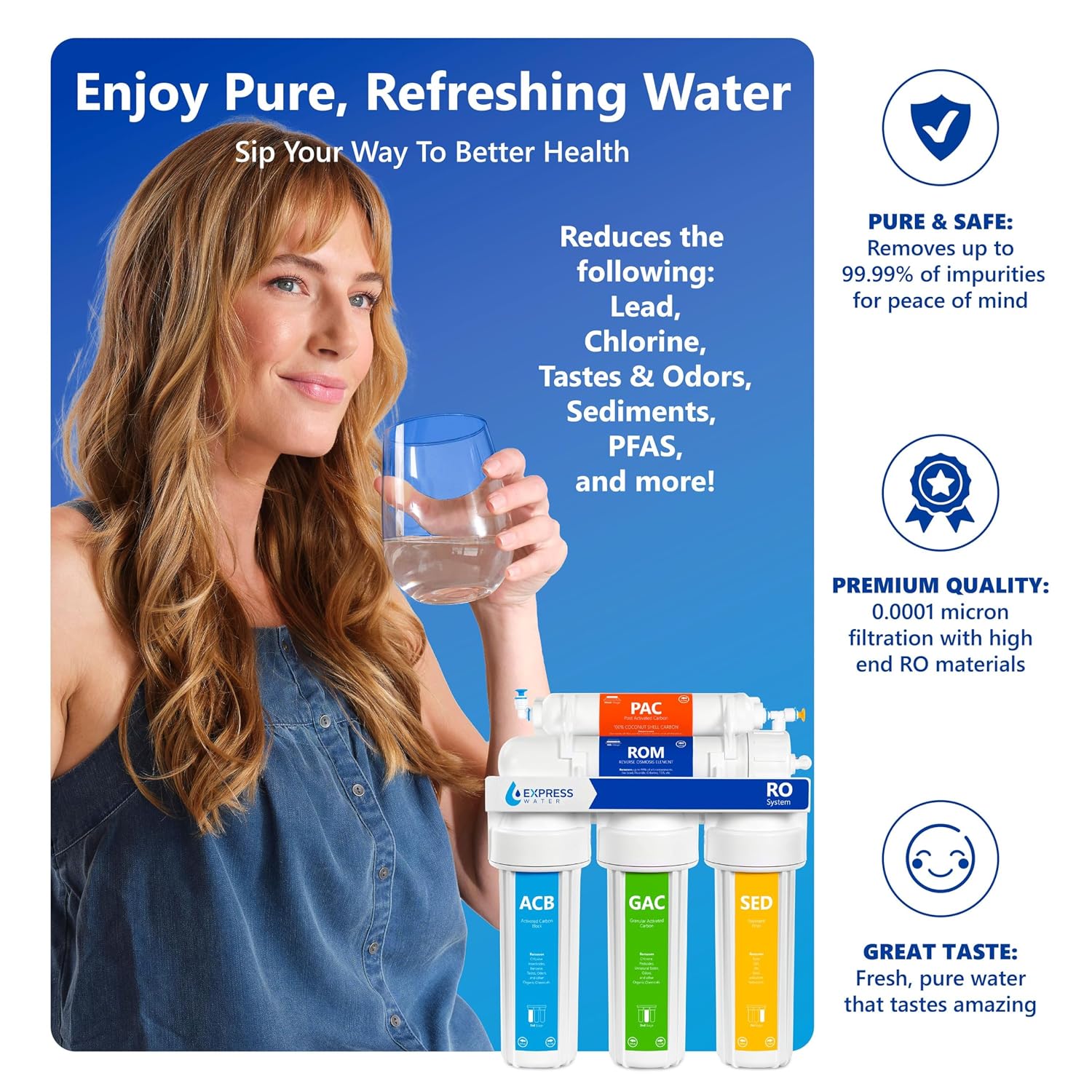 Express Water ROALK5D, 10-Stage Under Sink RO System, Alkaline, 50 GPD | NSF Certified 372, Deluxe Chrome Facuet, Reduces 99% of Impurities, BPA Free, Leak Detection