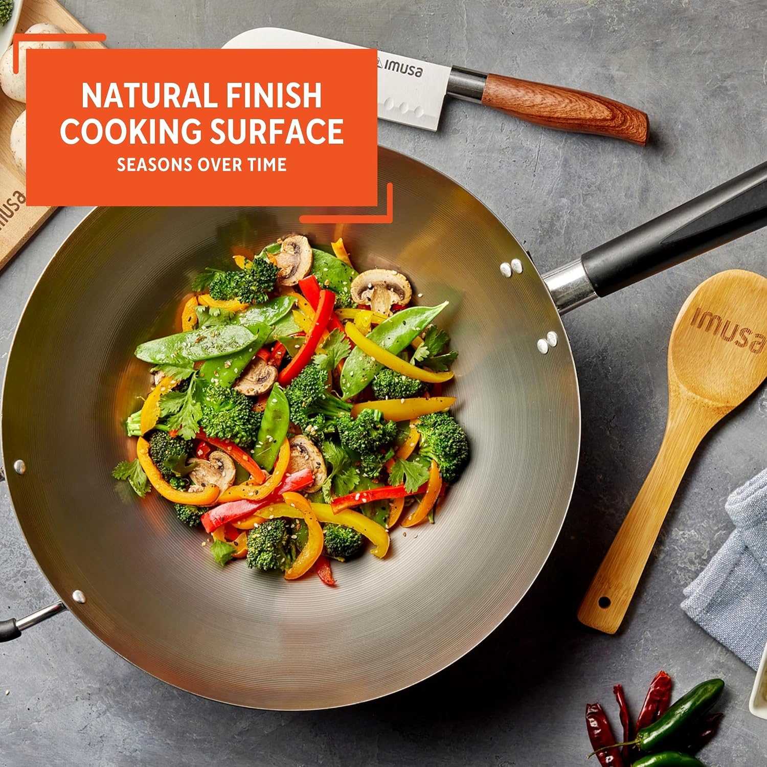 IMUSA 9.5 Inch Carbon Steel Nonstick Wok with Cool-touch Handle, Black | Cool-Touch Handle, Ideal for Stir Fry, Great for Everyday Meals
