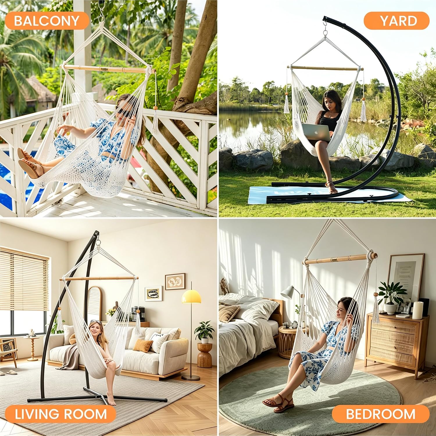Lazy Daze Hammock Chair, Hanging Swing Chair, Caribbean Rope Chair | 40"Hardwood Spreader Bar and Soft-Spun Cotton Rope, Hammock Weaving Chair for Indoor, Outdoor, Backyard, Max 300 LBS, Natural