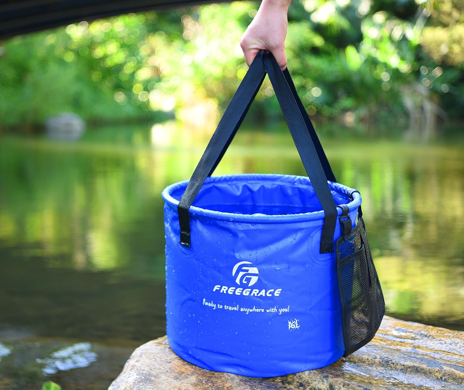 Freegrace Collapsible Bucket with Mesh Tool Pocket - 10L, 16L & 23L Portable Folding Water Container - Heavy Duty 500D Tarpaulin, BPA-Free Wash Basin for Camping, Fishing, RV, and Car Washing