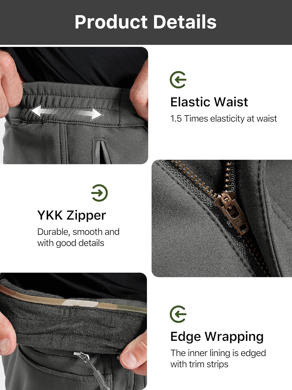 FREE SOLDIER Men's Outdoor Softshell Fleece Lined Cargo Pants | Snow Ski Hiking Pants with Belt, Waterproof Winter Pants, Insulated Work Pants, Breathable Windproof Insulated Pants