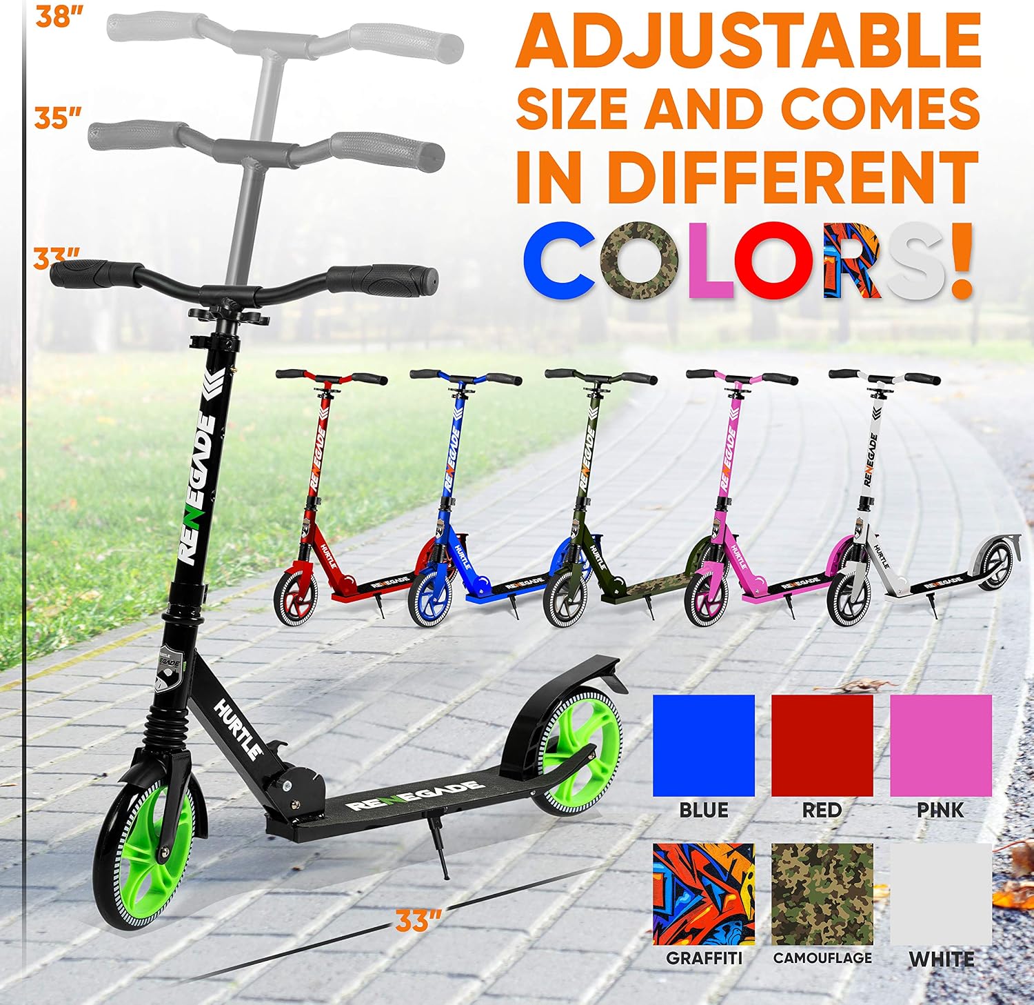 Hurtle Renegade Kick Scooter for Kids, Teenagers & Adults - 2-Wheel Folding Scooter with Adjustable T-Bar Handlebar - Alloy Anti-Slip Deck