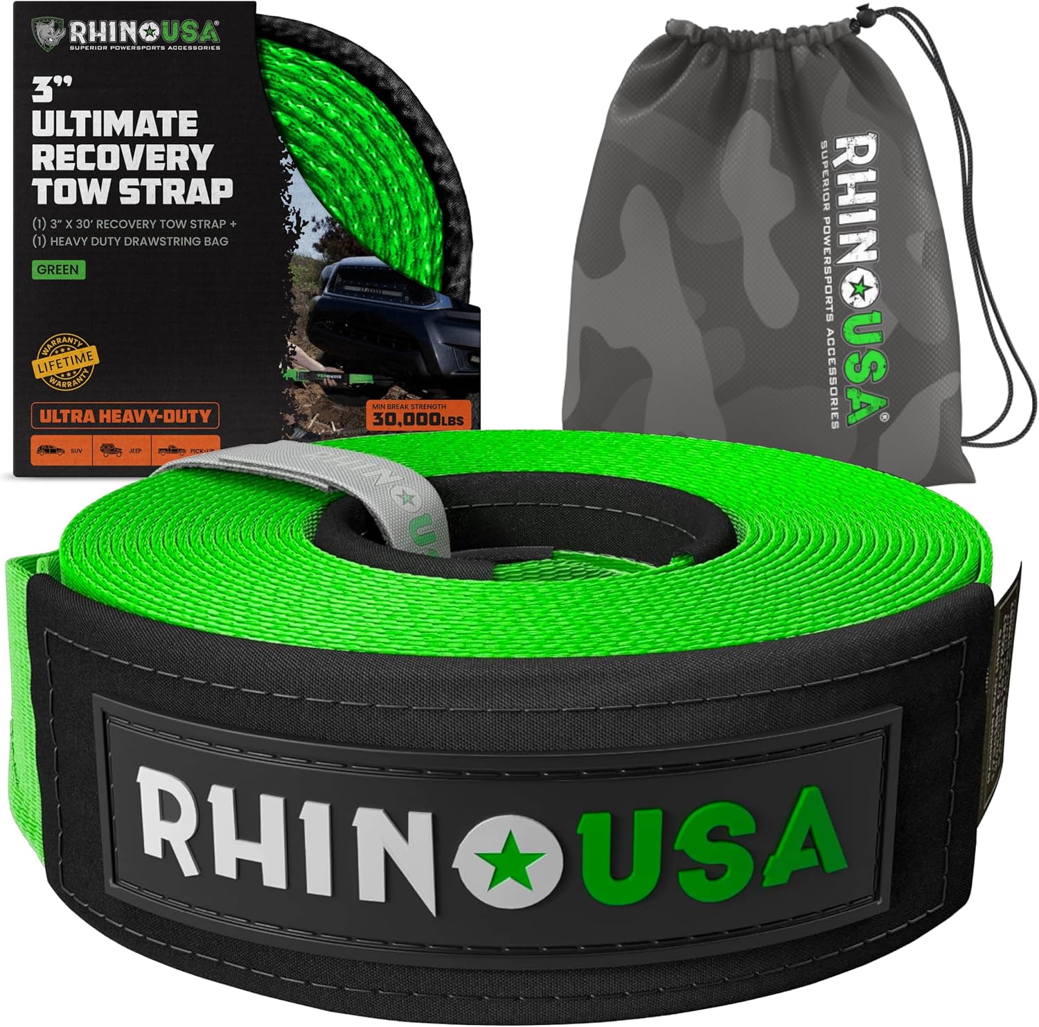 Rhino USA Recovery Tow Strap (3in x 30ft) - 31,518lb Heavy Duty Towing | 31,518lb Break Strength Emergency Tow Strap, Extended 30ft Length. For Truck, UTV, ATV & Jeep Offroad Recovery. Black