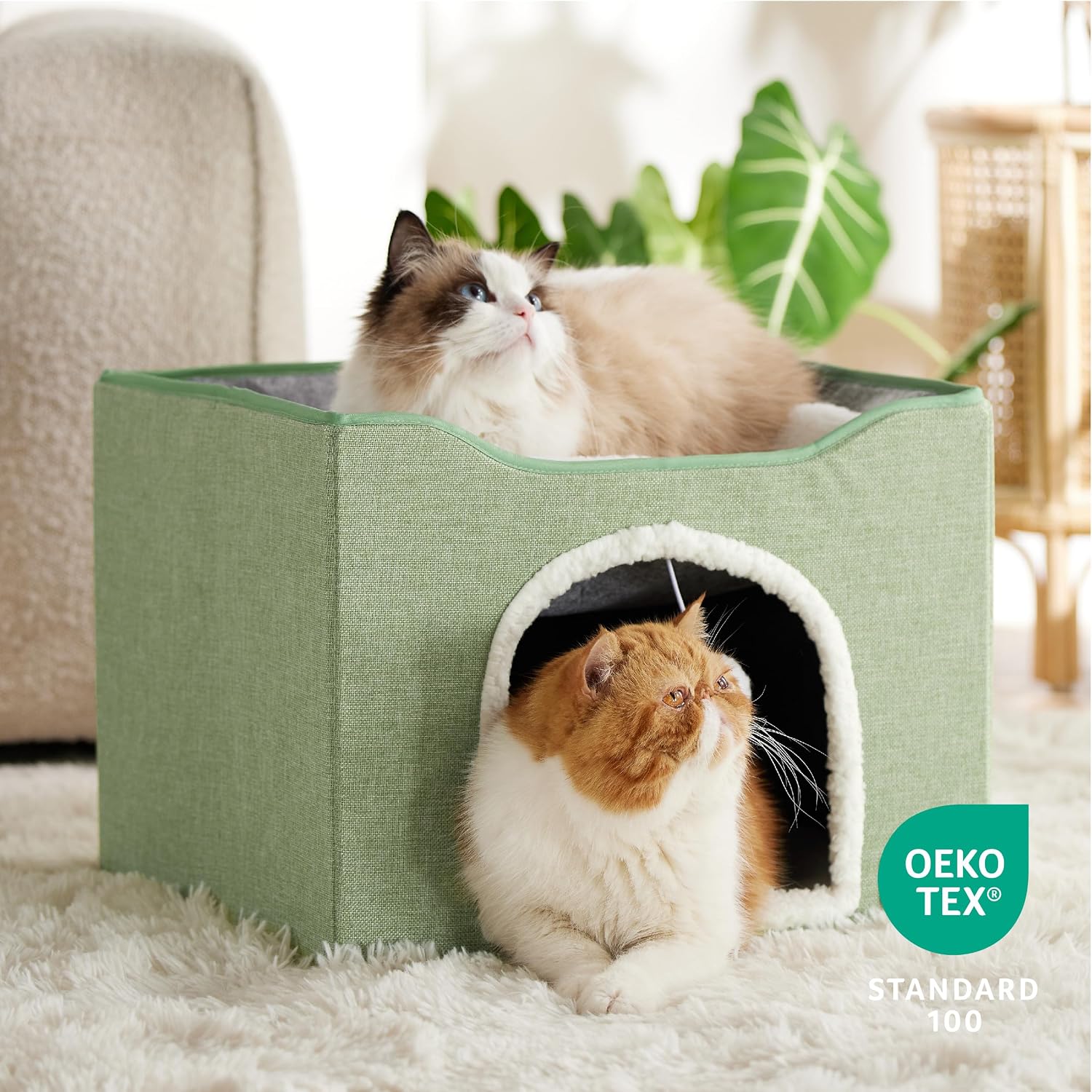 Bedsure Cat House Bed for Indoor Cats with Fluffy Ball and Scratch Pad,Grey