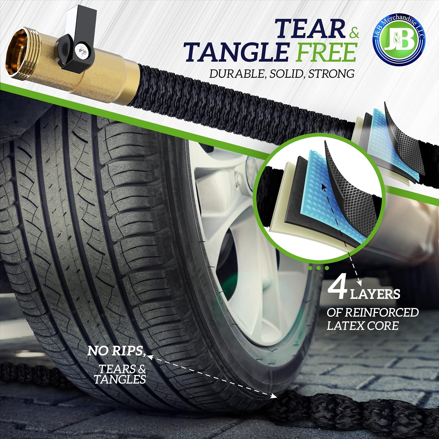 J&B XpandaHose 75ft Expandable Garden Hose, Lightweight, Brass Connectors | Ultra Strong 3750D fabric, 4-layer latex core, expands 3X, kink & leak-resistant, 10-pattern nozzle, storage bag