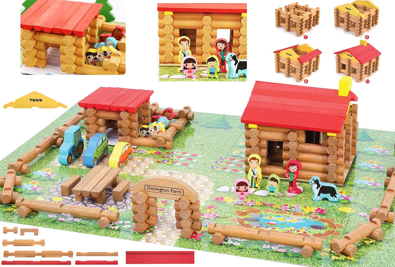 TOWO Wooden Log Building Set, 207-Piece Farm House Construction Toy | 207-piece wooden log farm playset for building a farmhouse