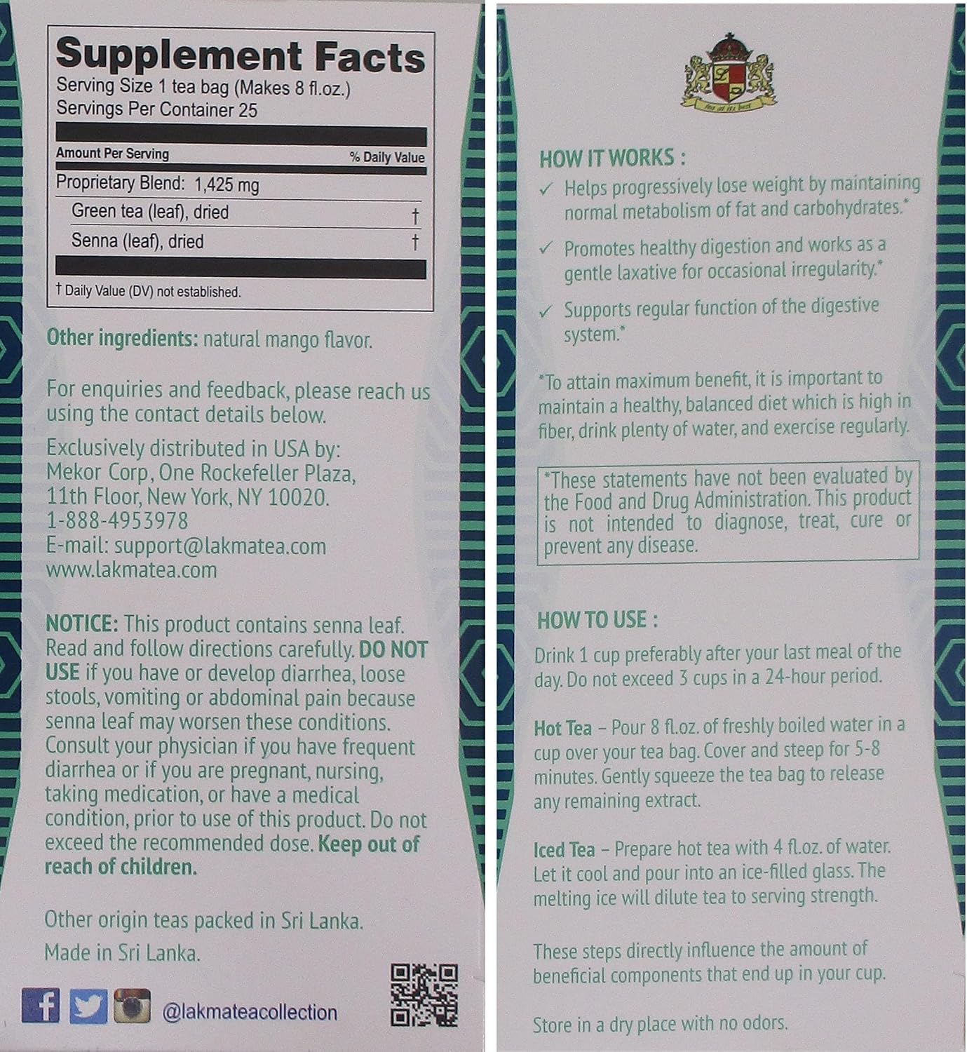 HYLEYS Lakma 14 Day Weight Loss Kit Green Tea - 42 Tea Bags