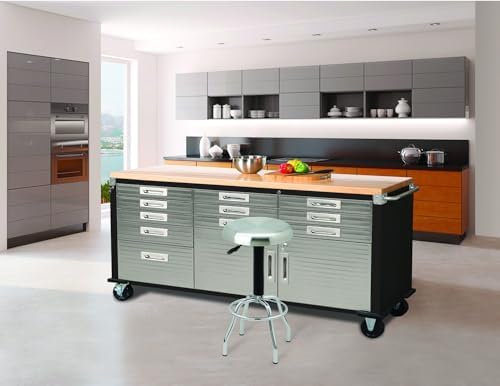 Seville Classics UltraHD Heavy Duty Rolling Cabinet Workbench Table w/Solid Wood Top, Workstation for Garage, Warehouse, Office, Workshop, 77" W x 20" D x 37.5" H, Graphite, 11-Drawer