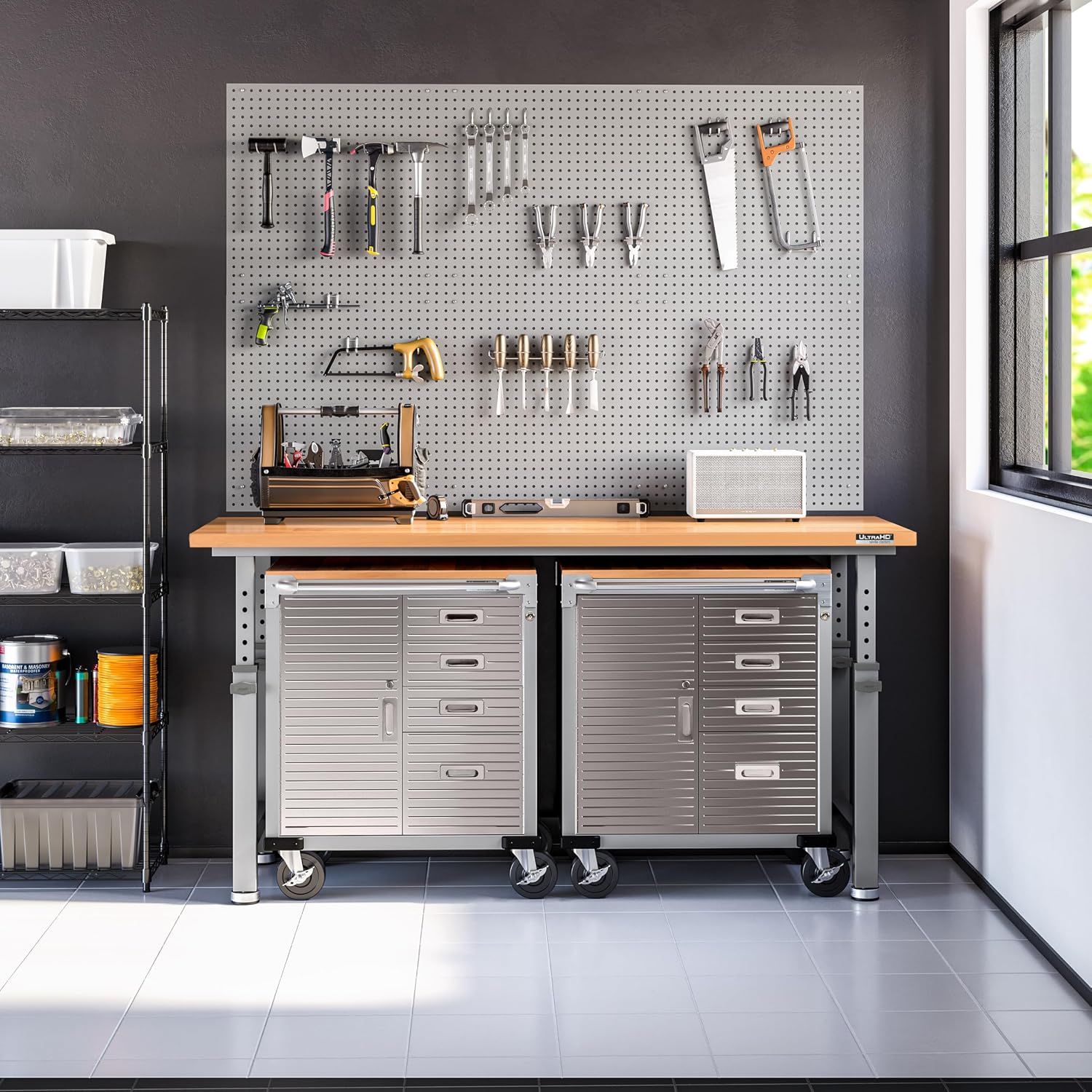 Seville Classics UltraHD Heavy Duty Rolling Cabinet Workbench Table w/Solid Wood Top, Workstation for Garage, Office, Workshop, Granite, 6-Drawer (28" W x 18" D