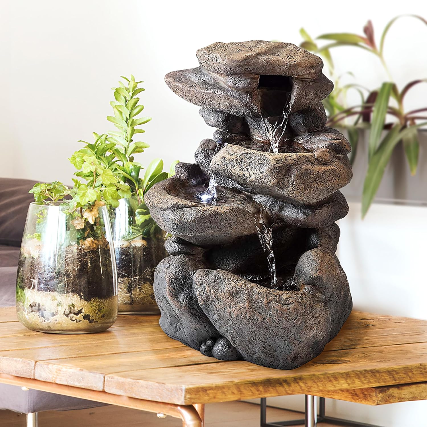 Alpine Corporation 13" Tall Indoor Tabletop Water Fountain, 4 Tier Cascading Water Feature with LED Lights for Home, Office, Living Room, or Zen Decor, Gray