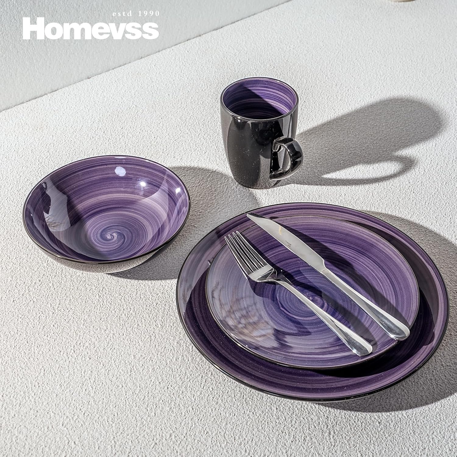 HomeVss, Sonoma Stoneware Dinnerware Set, Outside Black + Inside Hand Painting Color (16pc Set, Grey)
