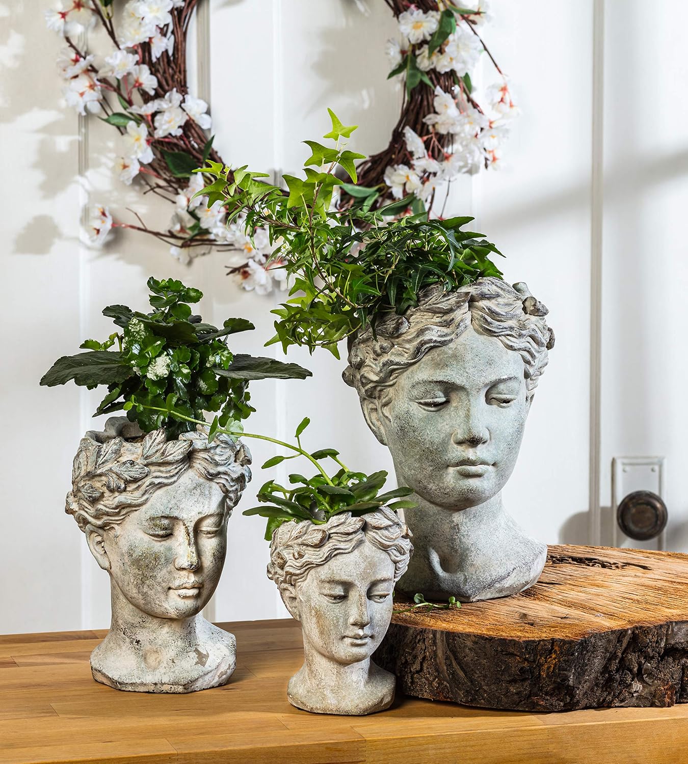 Abbott Collection Large Woman Head Planter | Hand-Finished Greco-Roman Style, Indoor & Outdoor, For Flowers & Succulents, Cement, Gray, 10"H