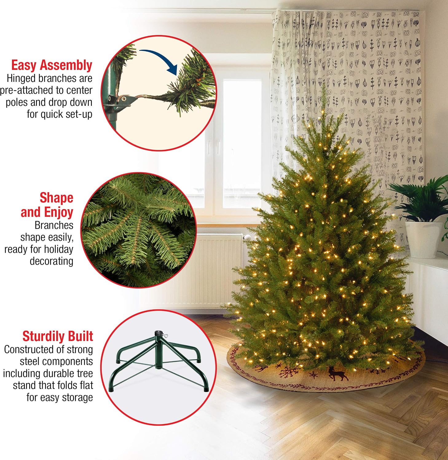 National Tree Company 7ft Pre-Lit Dunhill Fir Artificial Christmas Tree | 700 Clear Lights, 2,144 Tips, Includes Stand, Green