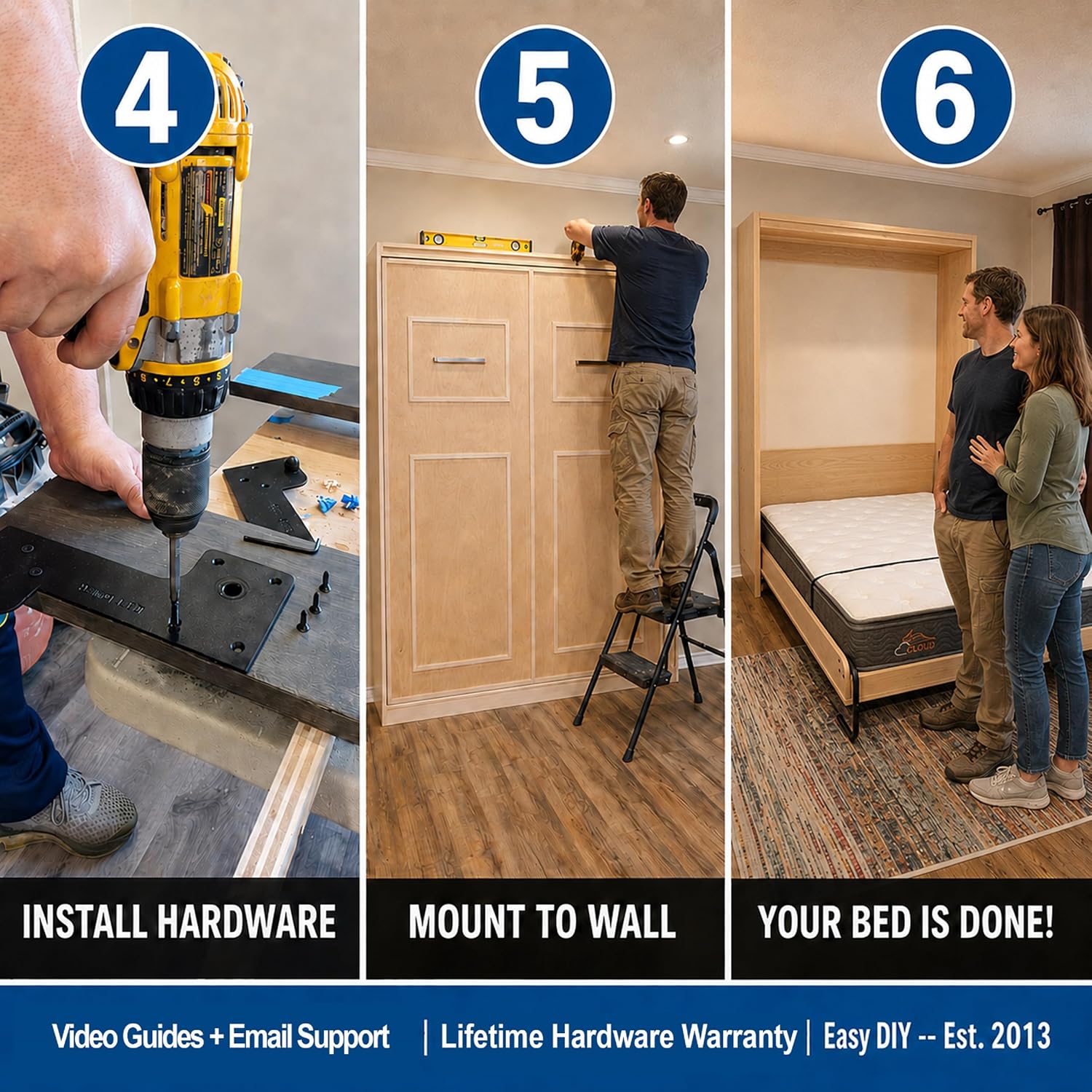 Queen Size Murphy Bed Hardware Kit — Vertical Wall Bed Frame | DIY Murphy Bed Kit with Gas Pistons + 3 Step-by-Step Guides | Made in North America | Hideaway Bed Mechanism