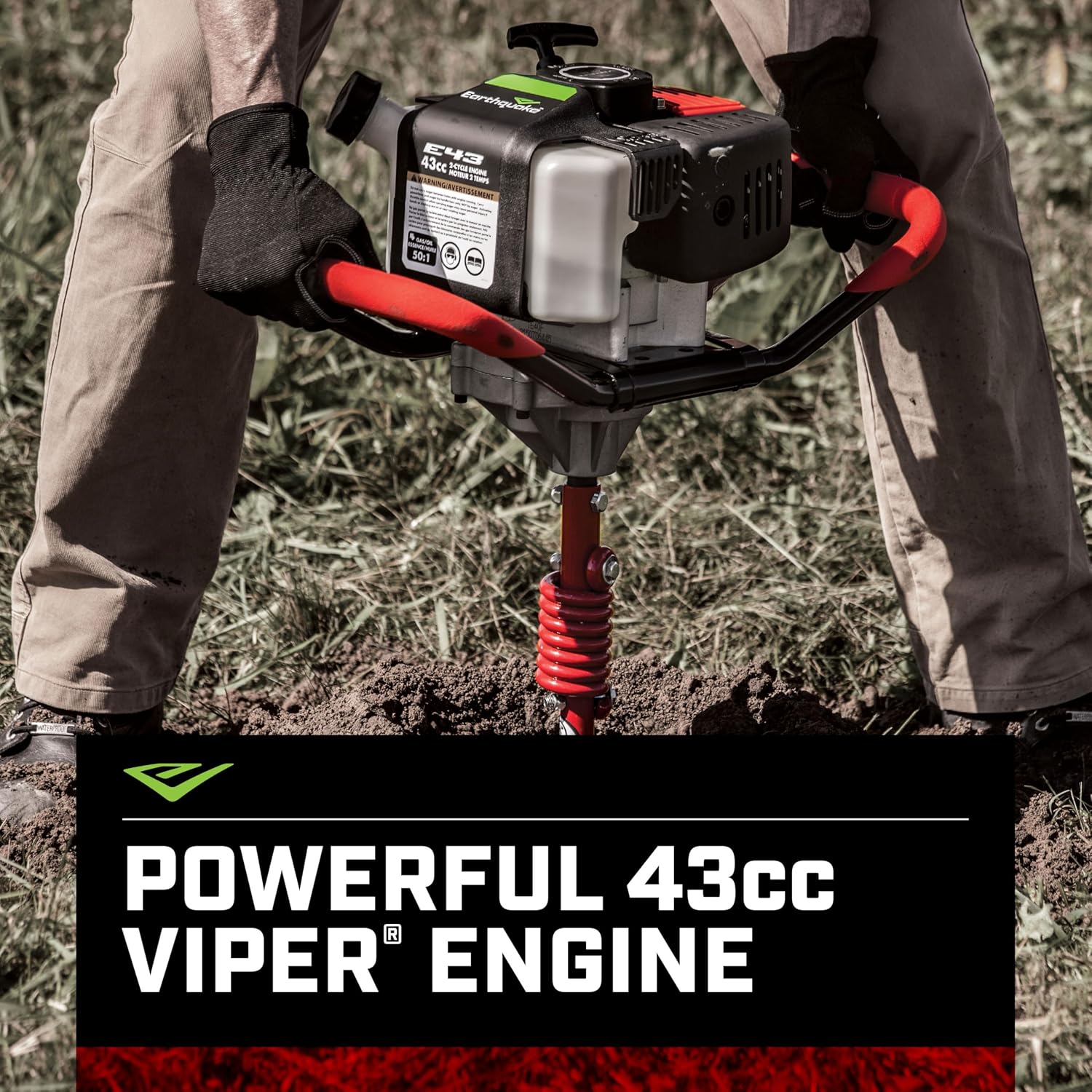 Earthquake E43 1-Person Earth Auger Powerhead, 43cc 2-Cycle Viper Engine, 30:1 Transmission, 5 Year Limited Warranty, Red or Black Auger Bit