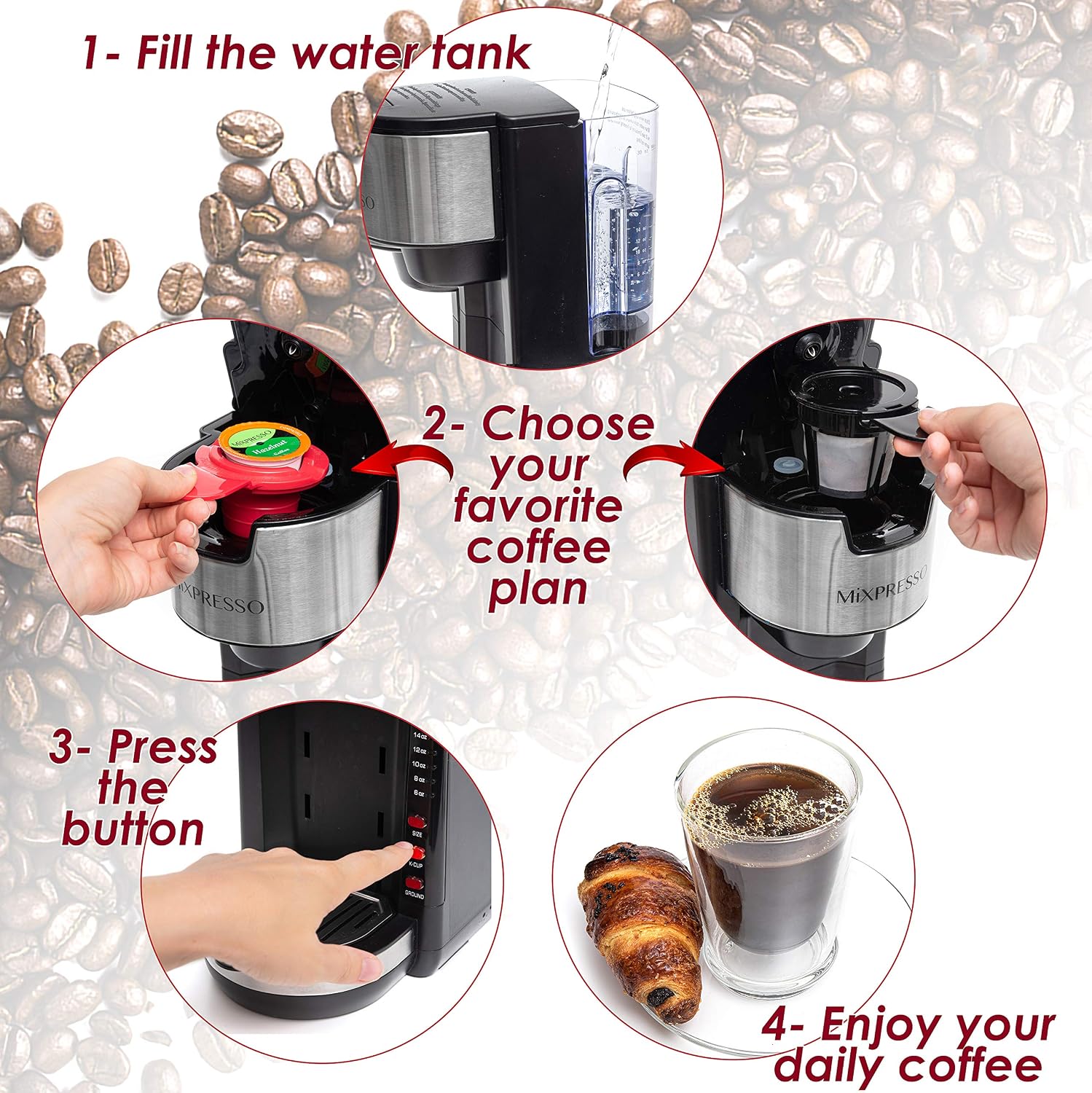 Mixpresso Black Single Serve Coffee Brewer K-Cup Pods Compatible & Ground, 30 oz Compact Coffee Maker Single Serve With 5 Brew Sizes Up To 14 Oz