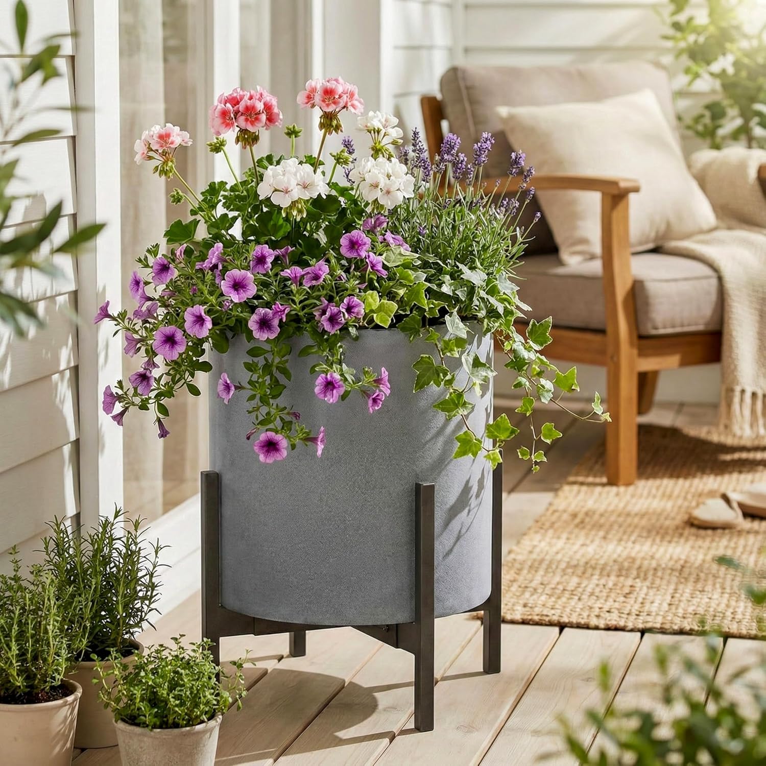 FaithLand 14 Inch Fiberstone Planter - Lightweight Modern Cylinder Plant Pot with Drainage Hole & Plug, Indoor Outdoor Use, Matte White